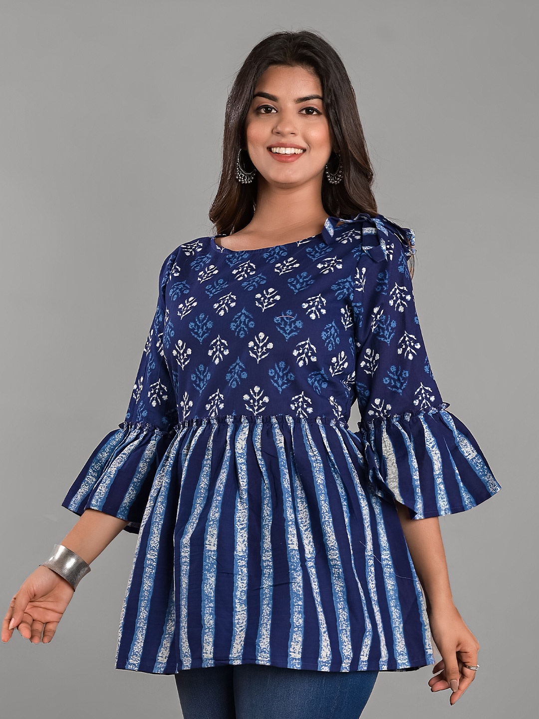 

KALINI Floral Print Bell Sleeve Cotton Empire Top, Navy blue