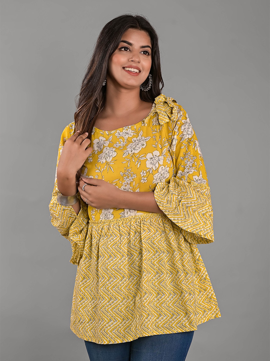 

KALINI Floral Print Bell Sleeve Cotton Longline Top, Yellow