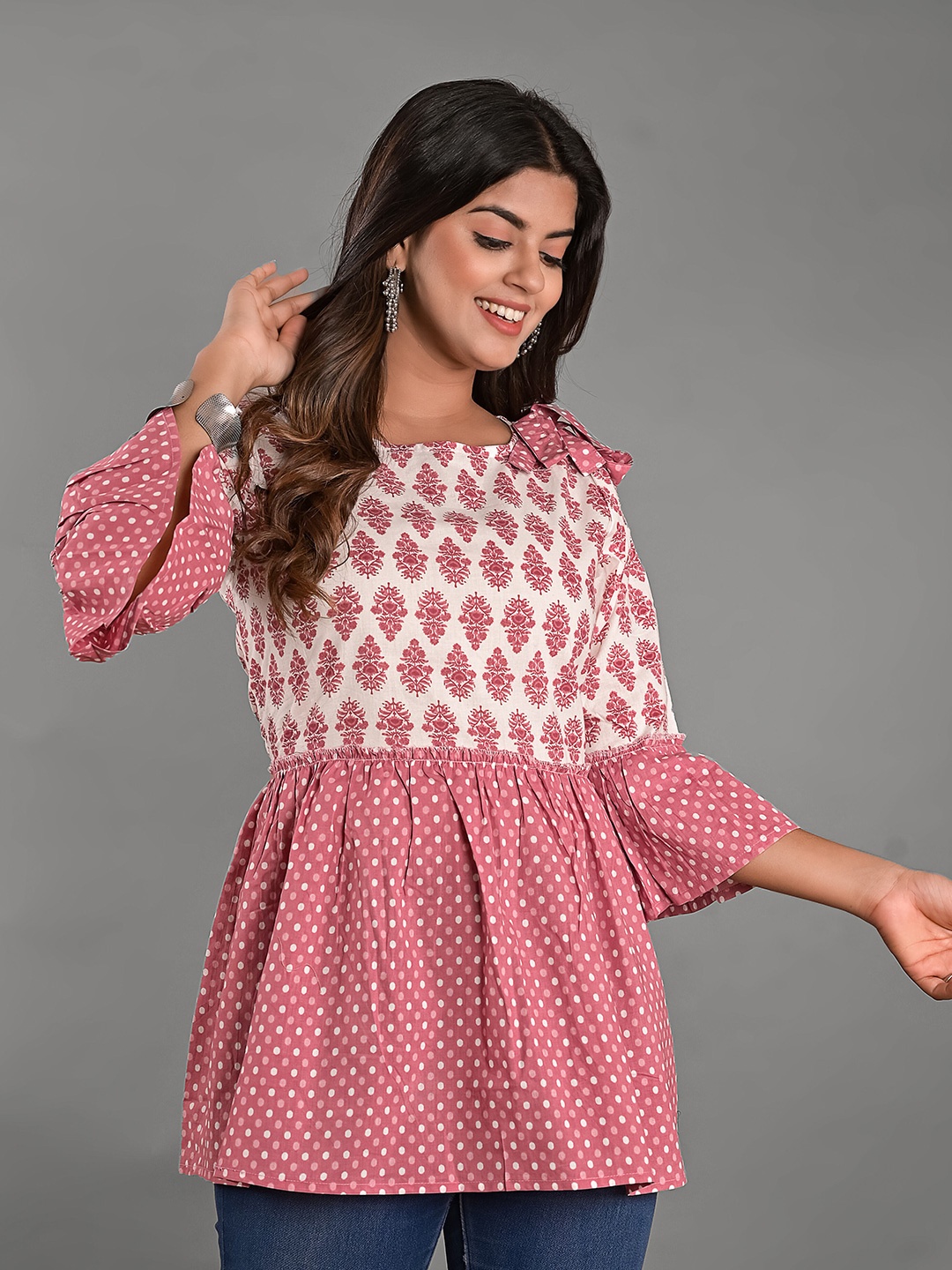 

KALINI Ethnic Motif Print Bell Sleeve Cotton Longline Top, Pink