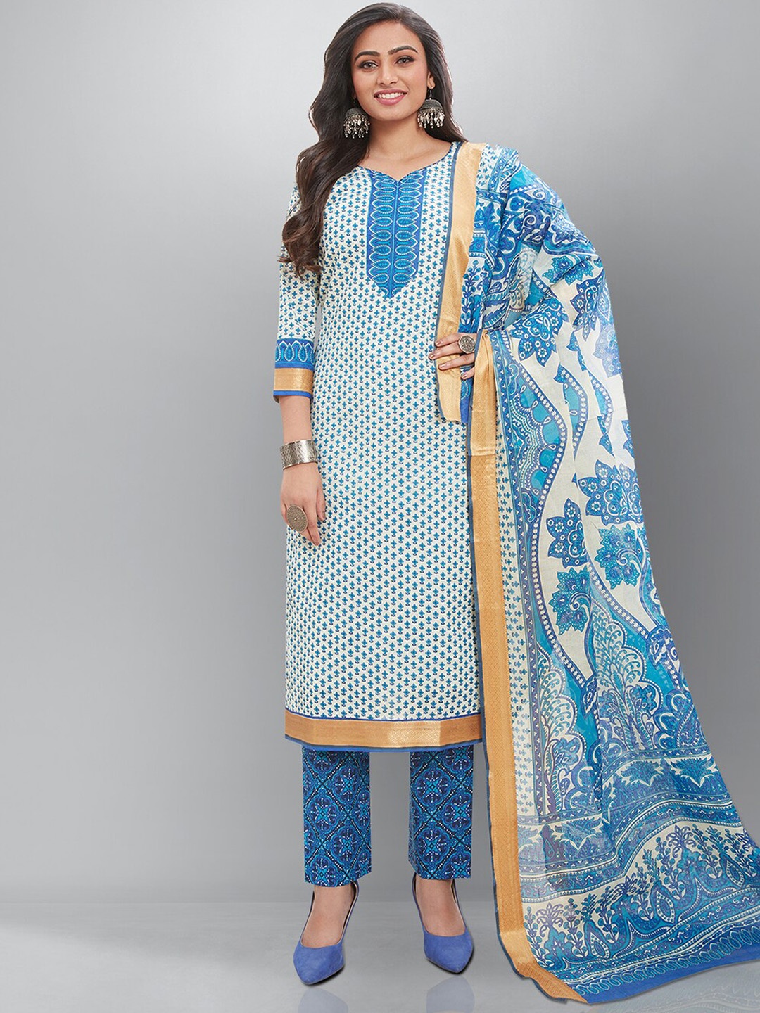 

Jevi Prints Ethnic Motifs Printed Regular Pure Cotton Kurta With Trousers & Dupatta, White