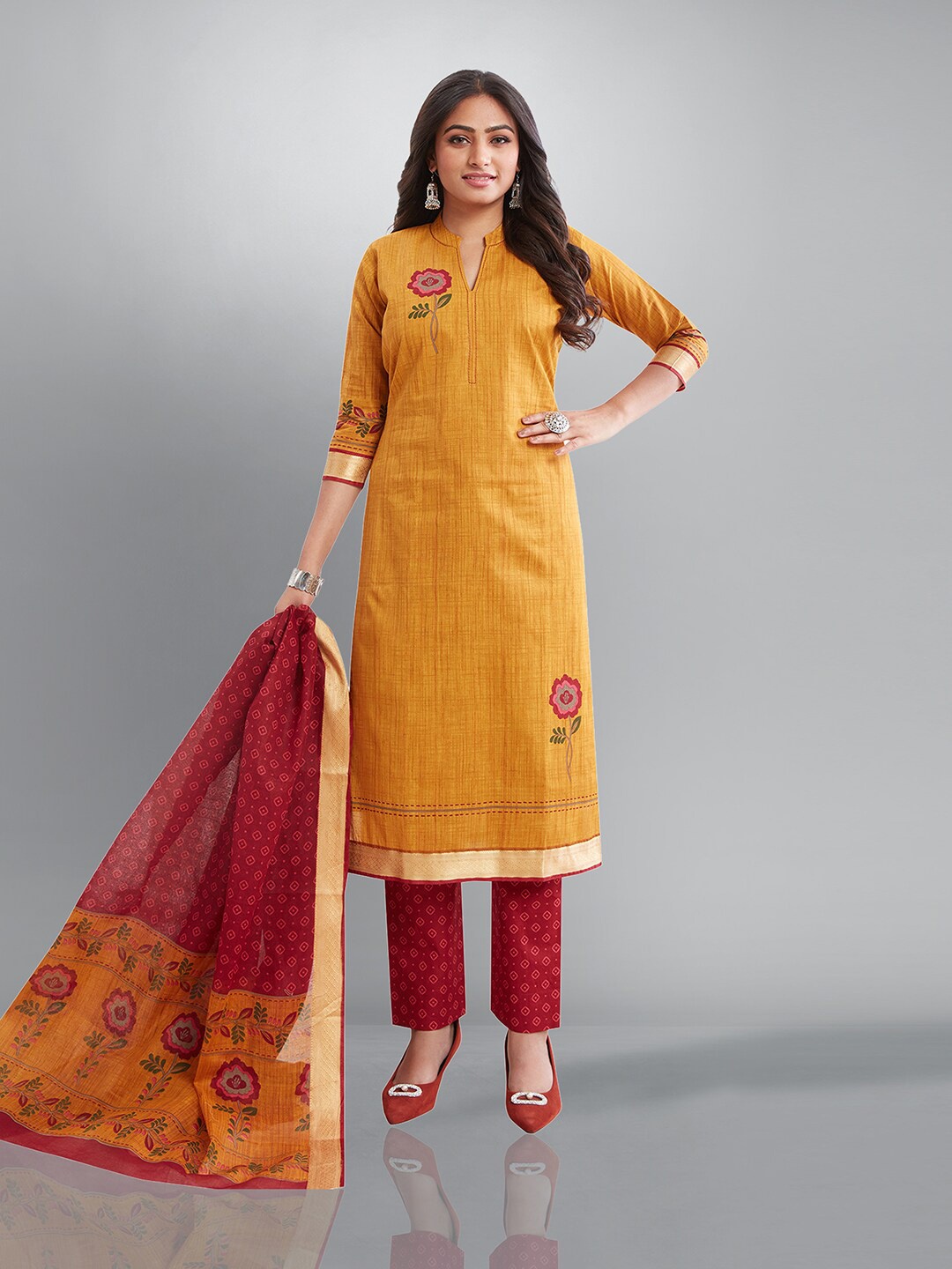 

Jevi Prints Floral Printed Mandarin Collar Pure Cotton Kurta with Trousers & With Dupatta, Mustard