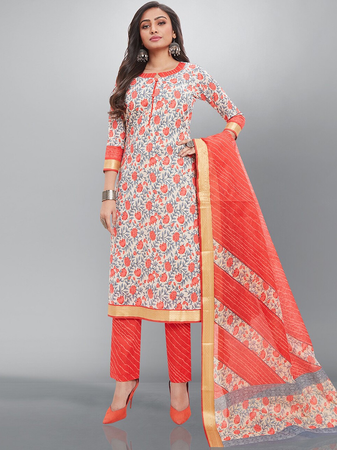 

Jevi Prints Floral Printed Pure Cotton Kurta With Trousers & With Dupatta, Off white