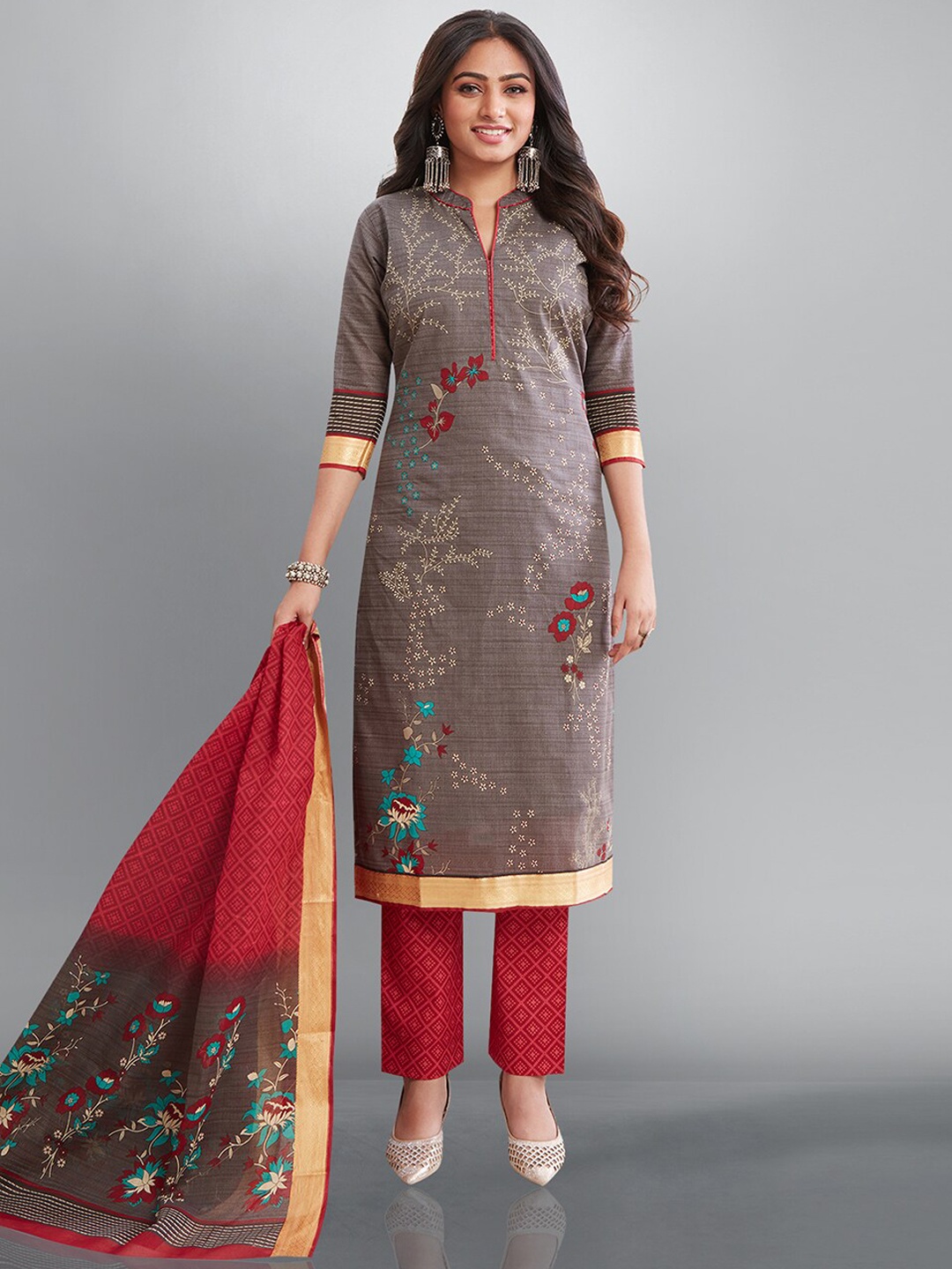 

Jevi Prints Floral Printed Regular Pure Cotton Kurta & Trousers With Dupatta, Grey