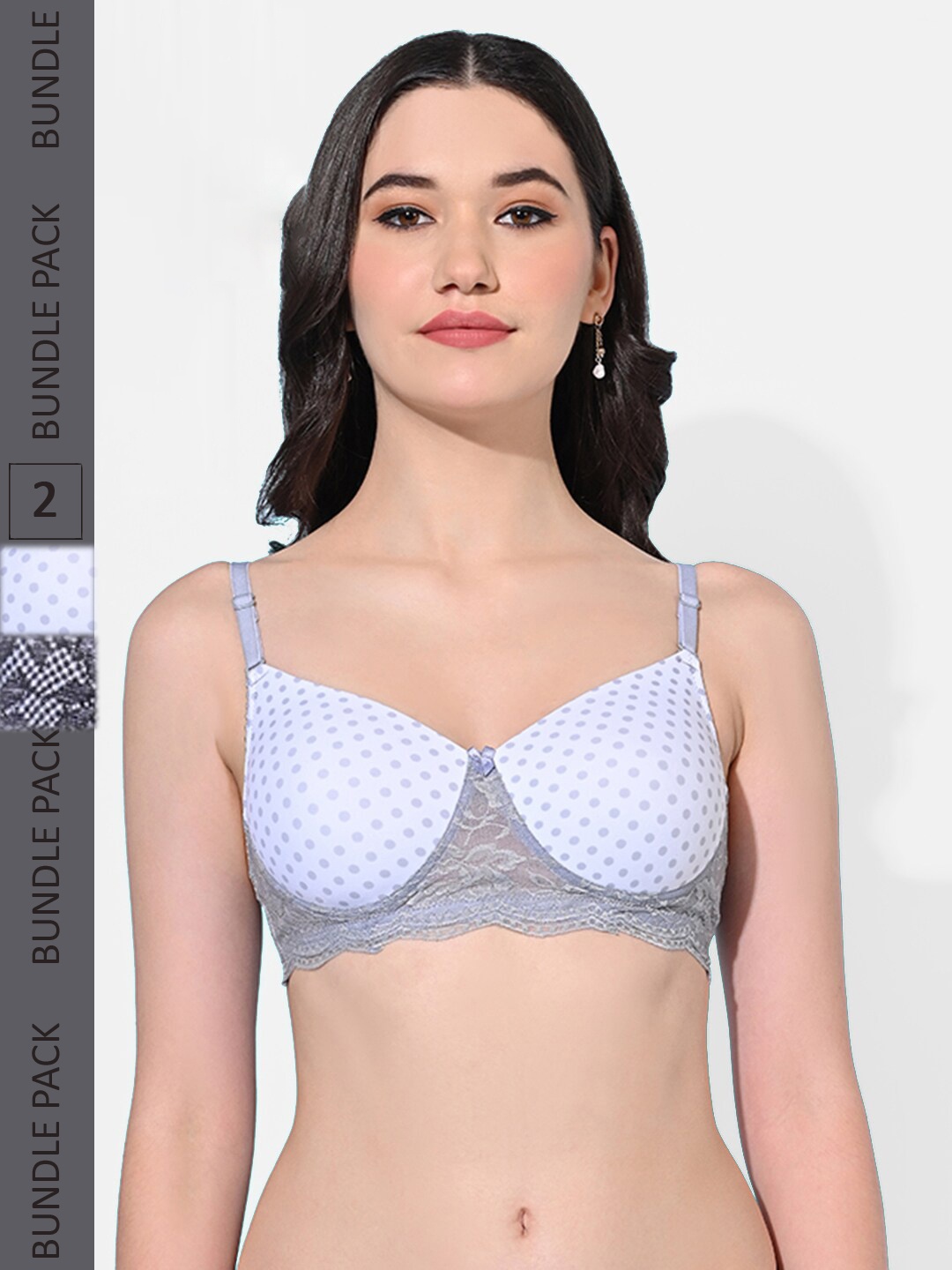 

FIMS Pack Of 2 Polka Dot Full Coverage Super Spport Everyday Bra All Day Comfort, Grey