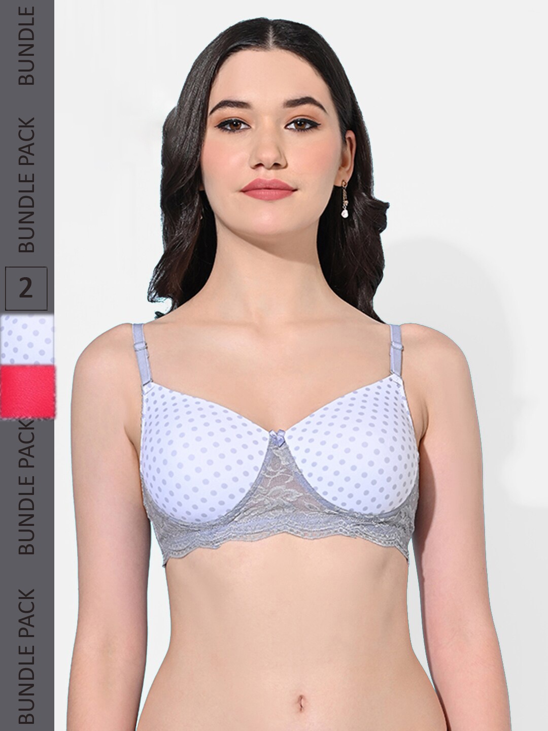 

FIMS Pack Of 2 Polka Dot Full Coverage Super Spport Everyday Bra All Day Comfort, White