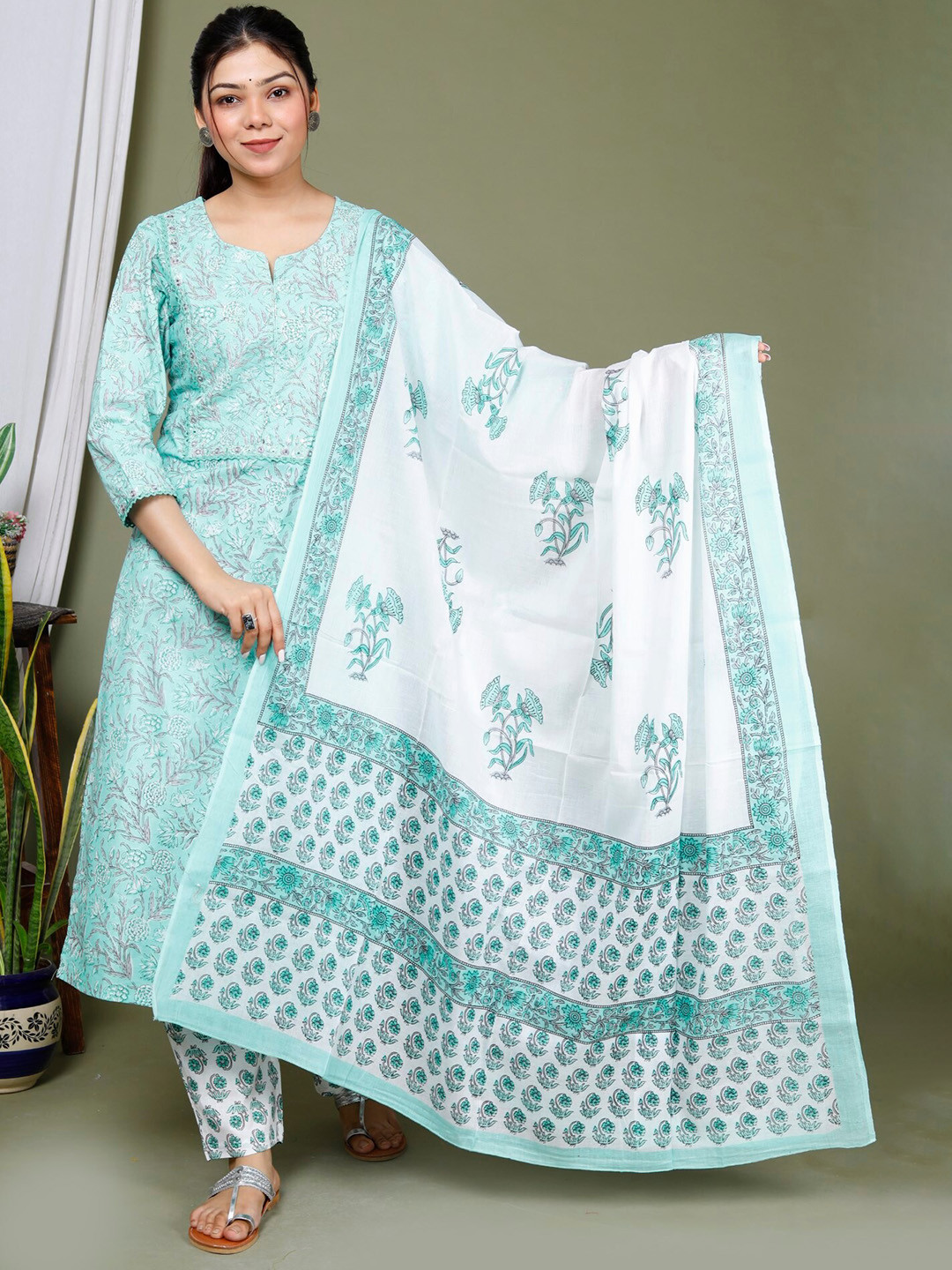 

Swasti Floral Printed Straight Thread Work Pure Cotton Kurta with Trousers & Dupatta, Green