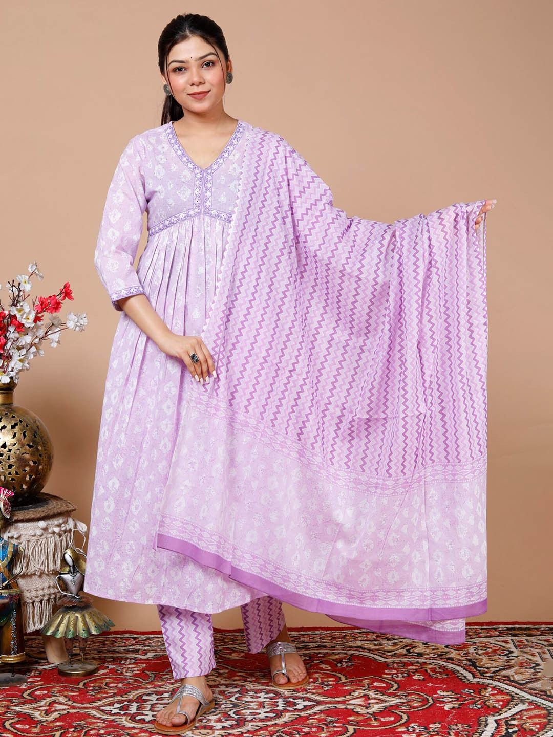 

Swasti Printed Empire Thread Work Pure Cotton Kurta With Trousers & Dupatta, Purple