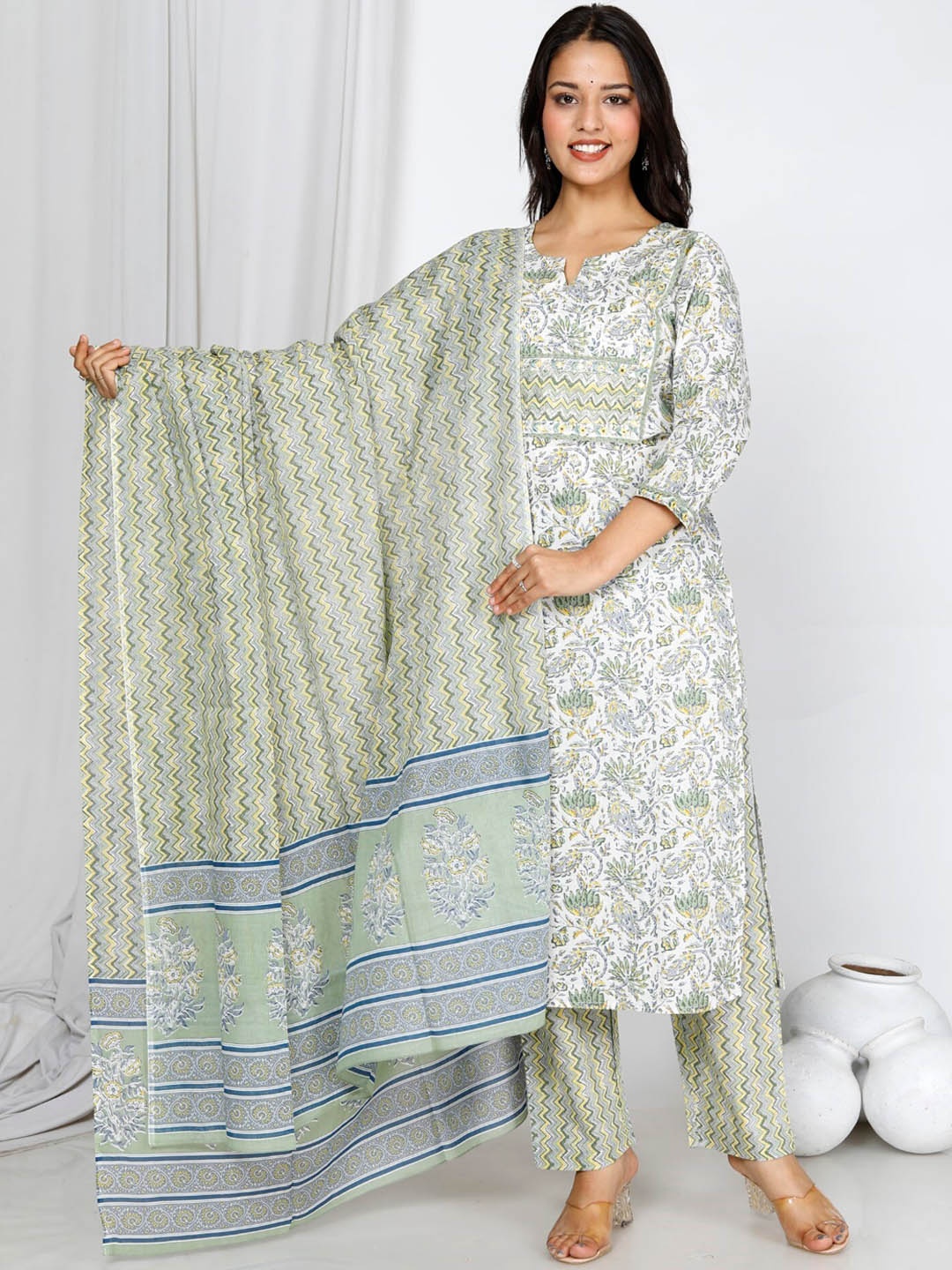 

Swasti Floral Printed Pure Cotton Kurta With Trousers & Dupatta, White