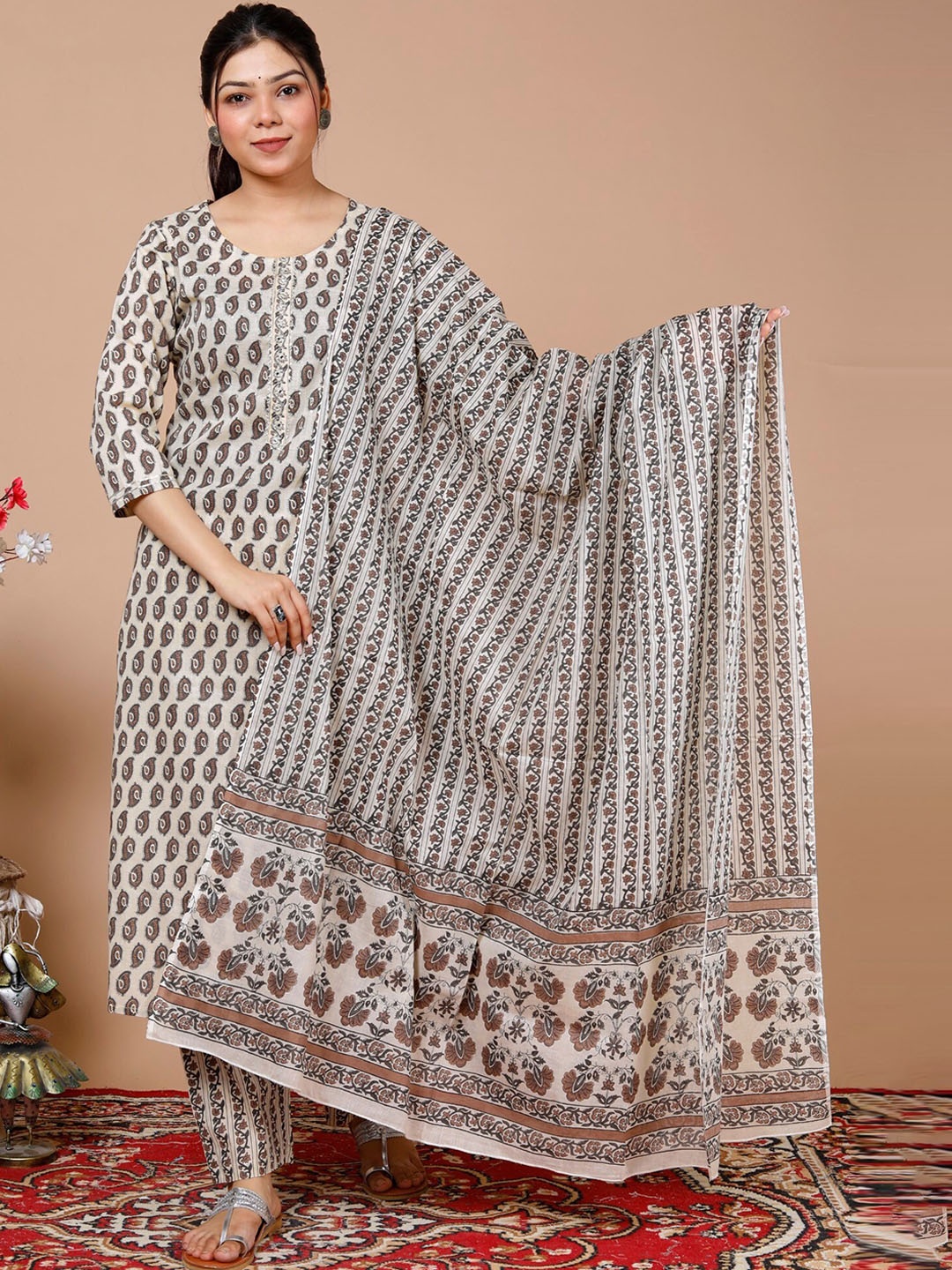 

Swasti Paisley Printed Pure Cotton Kurta With Trousers & Dupatta, Beige