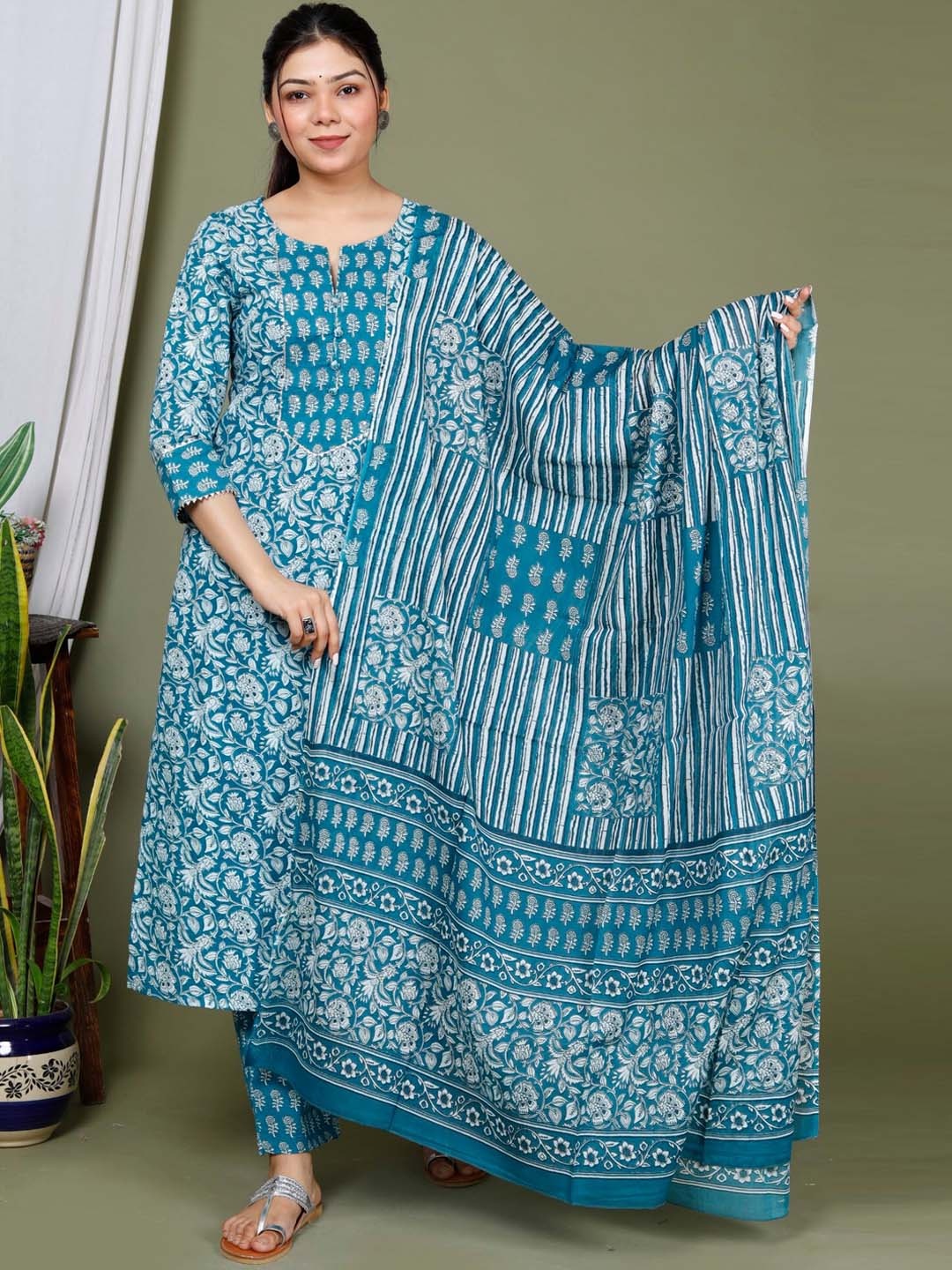 

Swasti Floral Printed Pure Cotton Kurta With Trousers & Dupatta, Blue