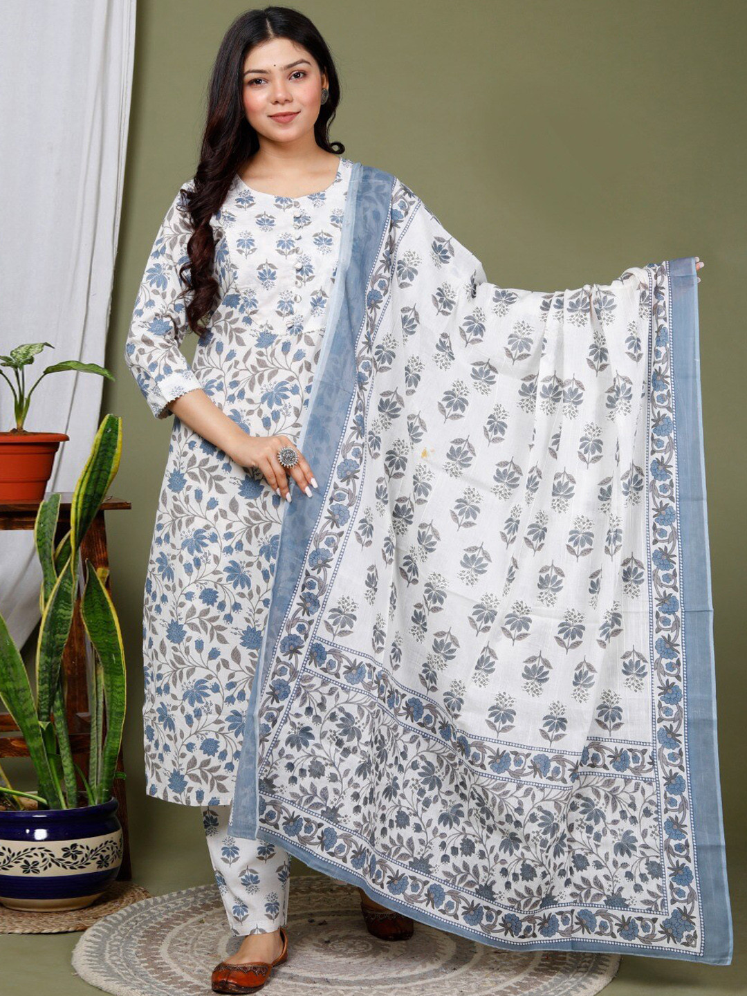 

Swasti Floral Printed Pure Cotton Kurta With Trousers & Dupatta, White