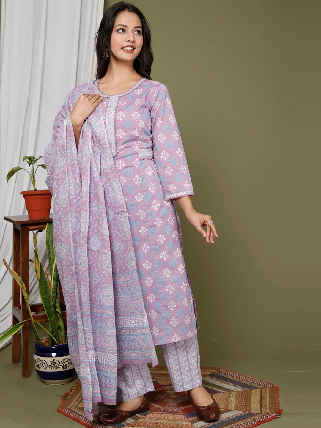 

Swasti Ethnic Motifs Printed Sequinned Pure Cotton Kurta with Trousers & Dupatta, Purple