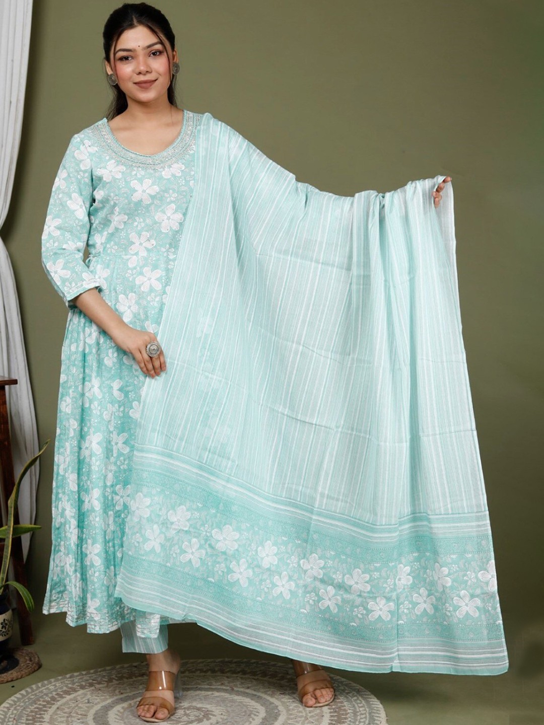 

Swasti Floral Printed Pure Cotton Kurta With Trousers & Dupatta, Green
