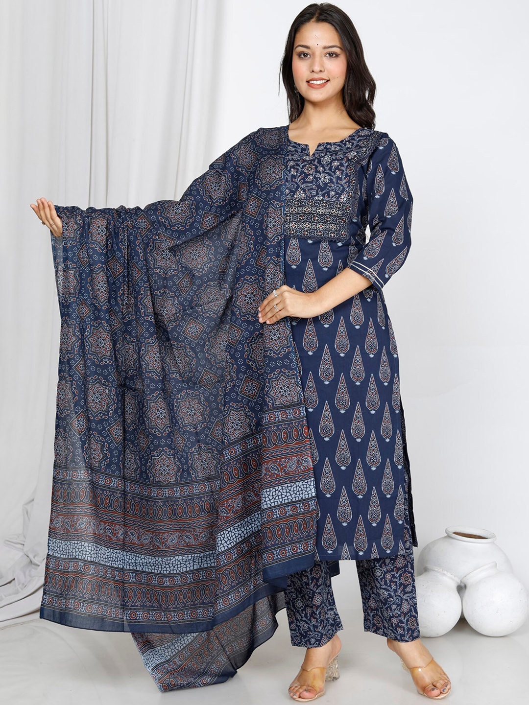 

Swasti Ethnic Motifs Printed Regular Sequinned Pure Cotton Kurta With Trousers & Dupatta, Blue