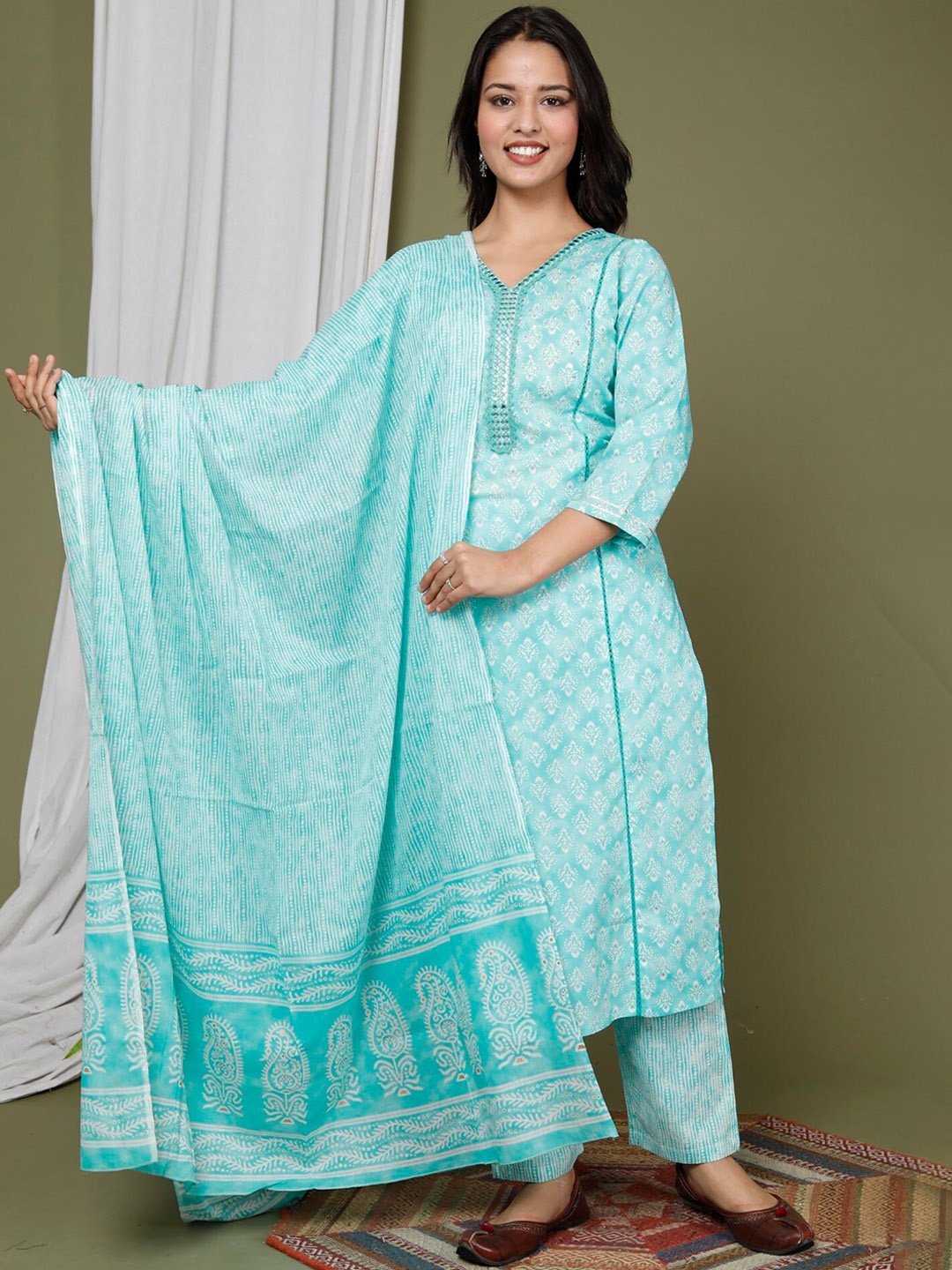 

Swasti Ethnic Motifs Printed Mirror Work Pure Cotton Kurta with Trousers & Dupatta, Blue