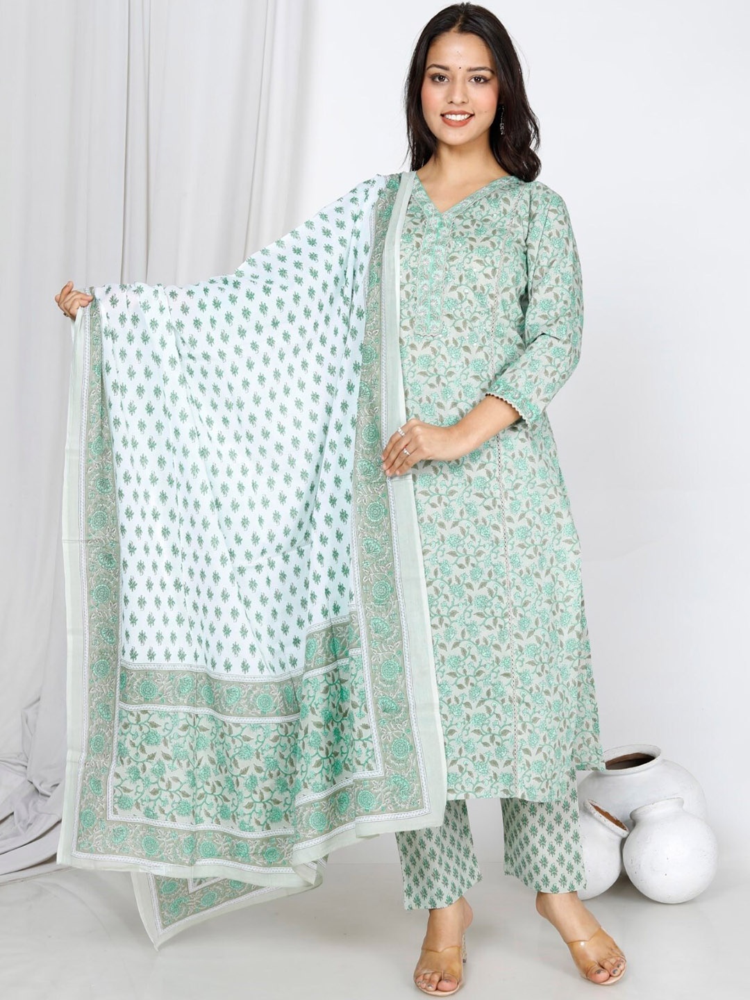 

Swasti Floral Printed Sequinned Pure Cotton Kurta with Trousers & Dupatta, Grey