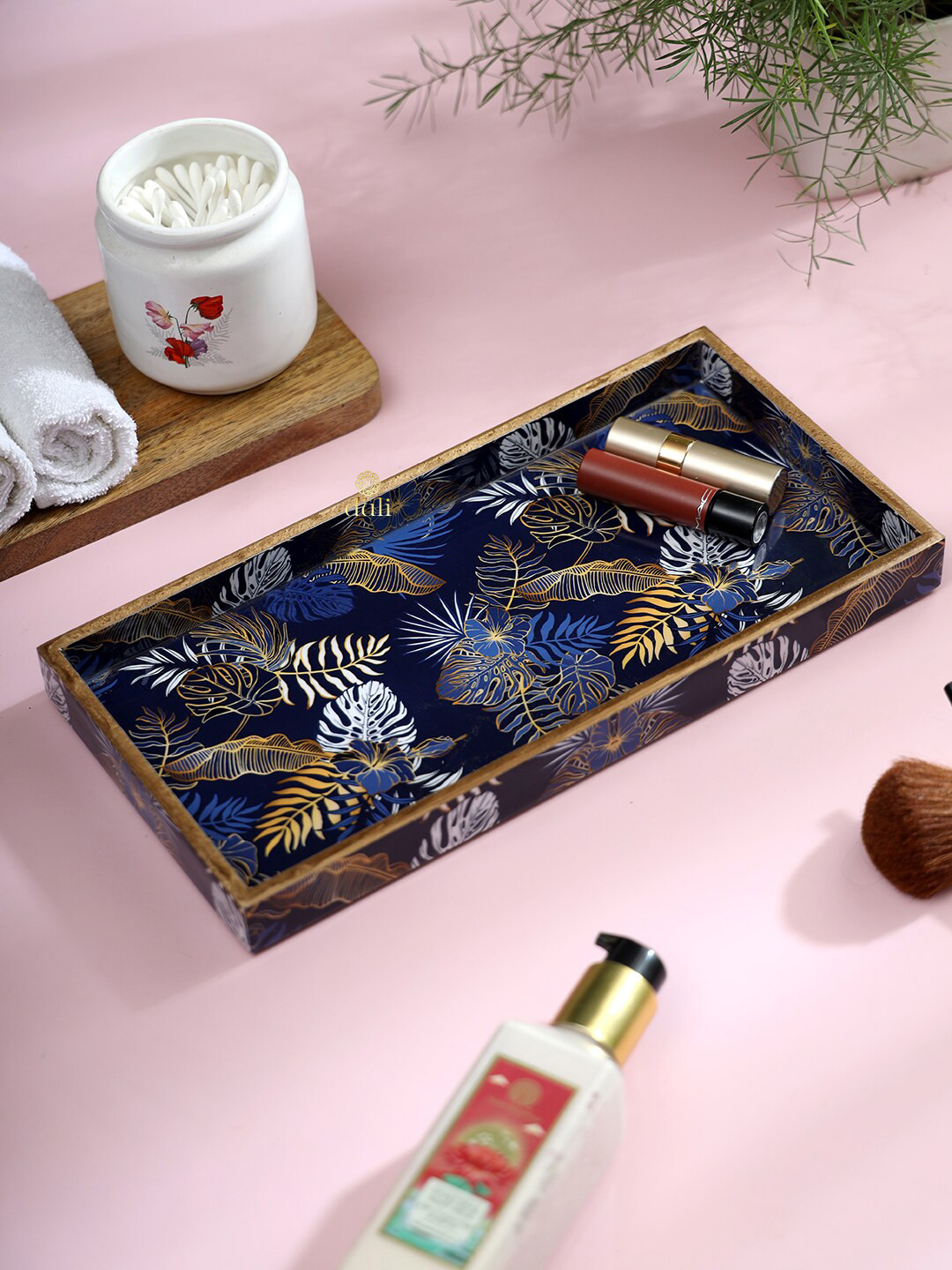 

DULI Navy Blue & Gold Toned Enamel Coated Multipurpose Wooden Serving Tray