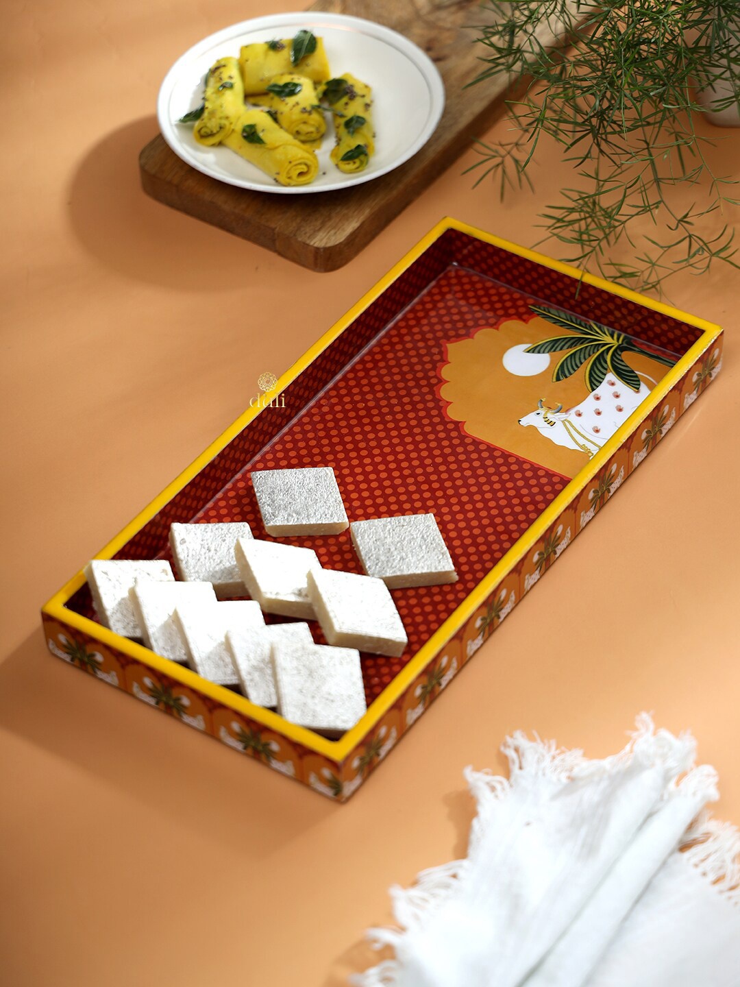 

DULI Red & Yellow Printed Wooden Serving Tray