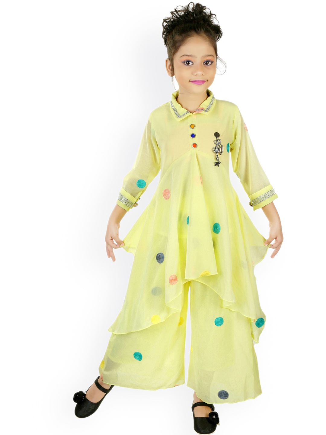 

CELEBRITY CLUB Girls Embroidered Georgette Kurti With Palazzo, Yellow