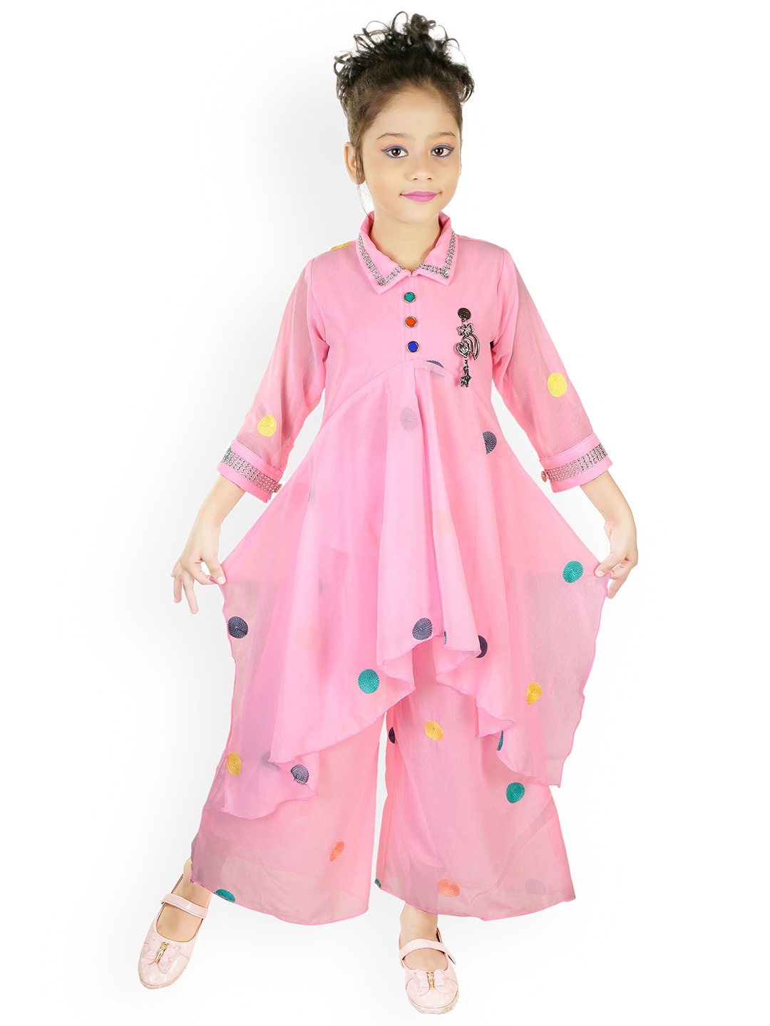 

CELEBRITY CLUB Girls Embroidered Georgette Kurti With Palazzo, Pink