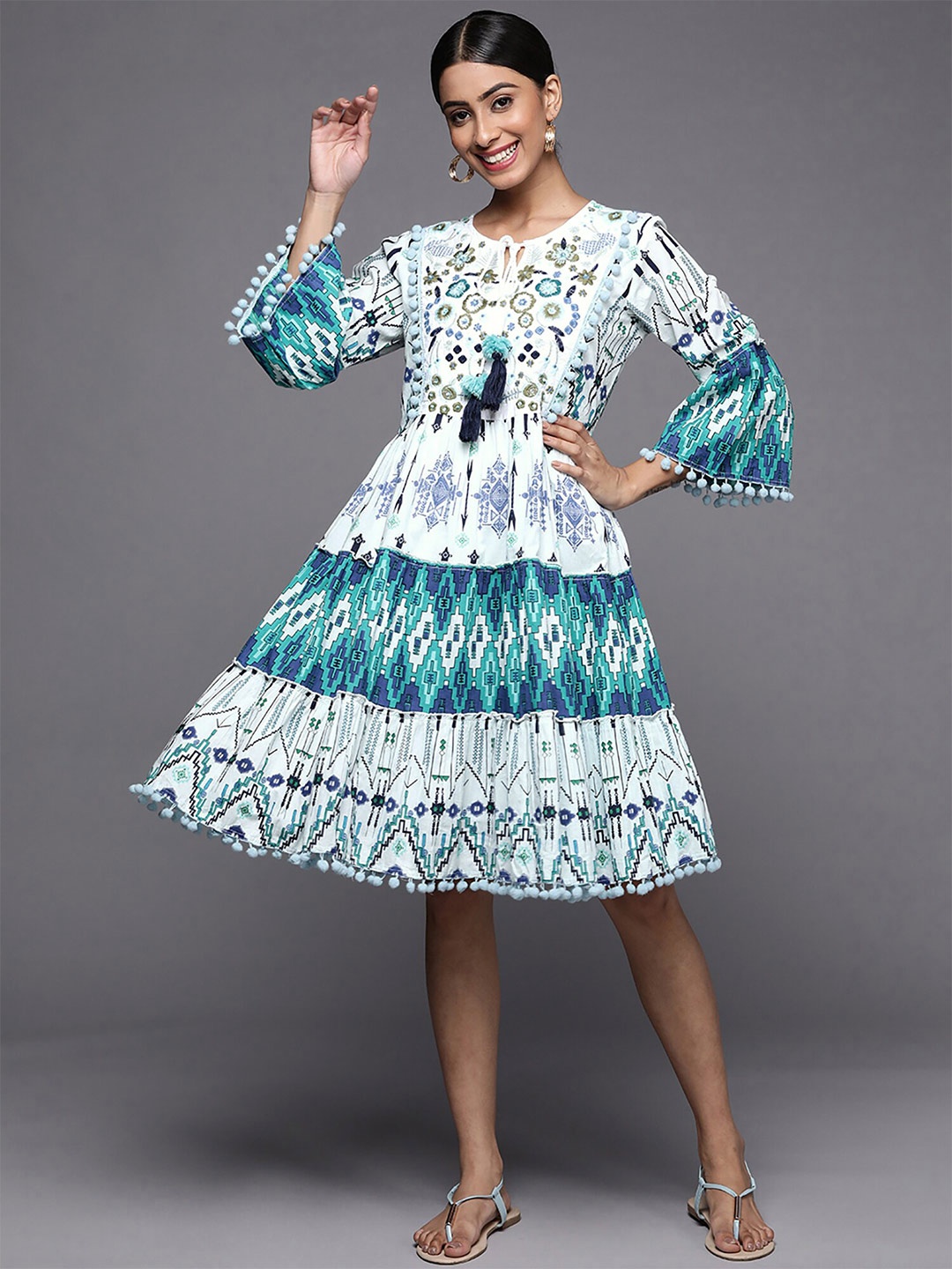 

Indo Era Ethnic Motifs Printed Bell Sleeves Gathered Cotton Fit & Flare Dress, White