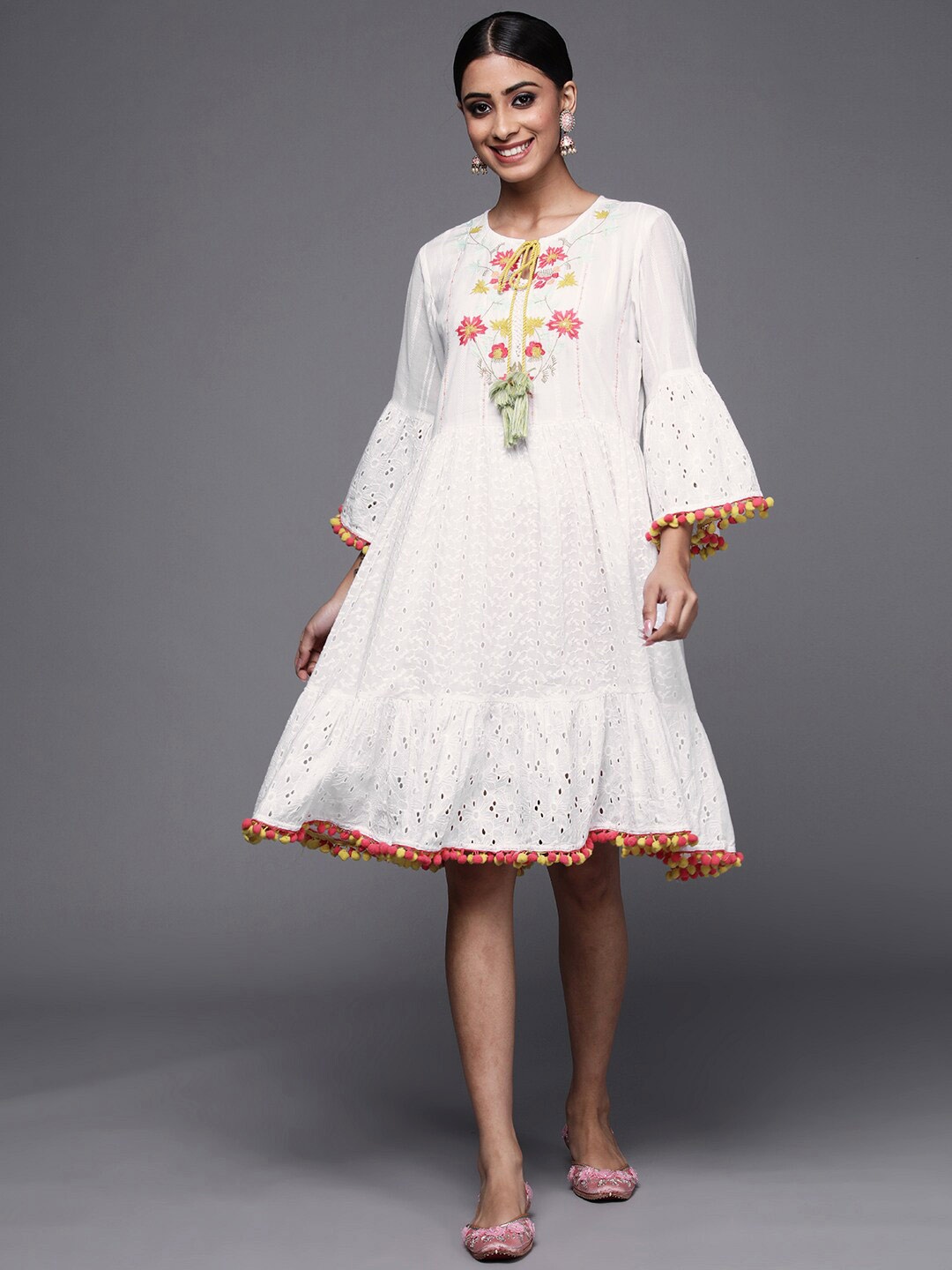 

Indo Era Floral Embroidered Bell Sleeves Gathered Cotton A-Line Dress, White