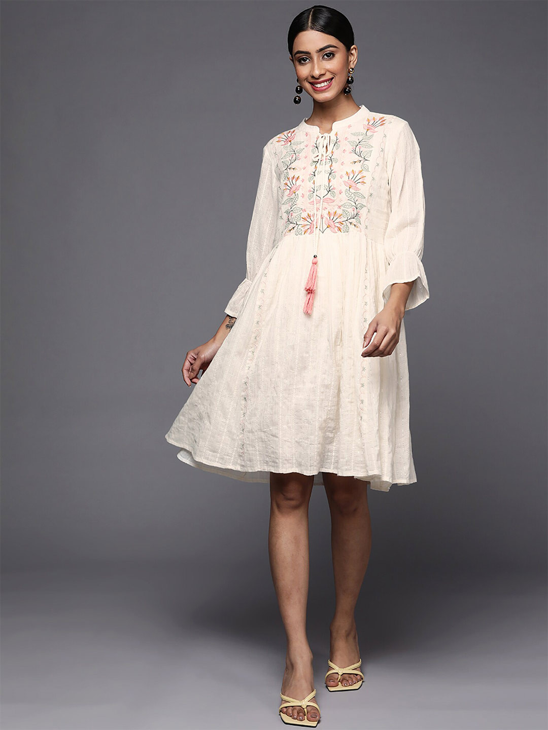

Indo Era White Floral Embroidered Bell Sleeves Gathered Cotton Fit & Flare Dress