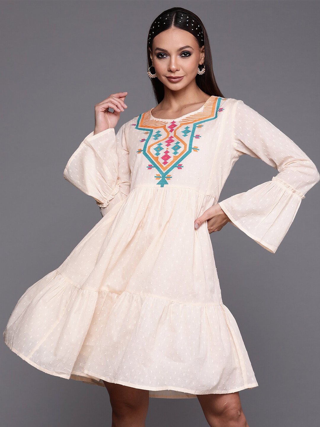 

Indo Era Embroidered Bell Sleeves Gathered Cotton A-Line Dress, Cream