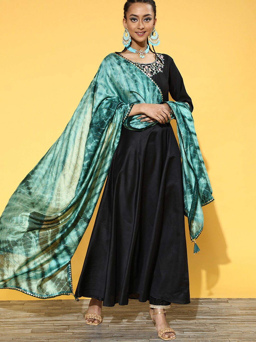 

Indo Era Floral Embroidered Zari Kurta with Sharara & With Dupatta, Black