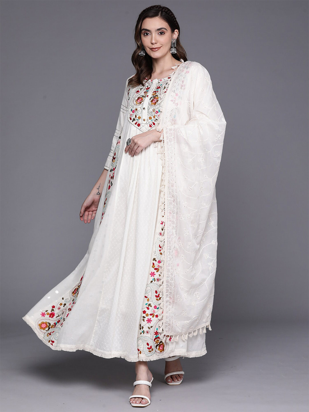 

Indo Era Floral Embroidered Round Neck Cotton Maxi Dress With Dupatta, Off white
