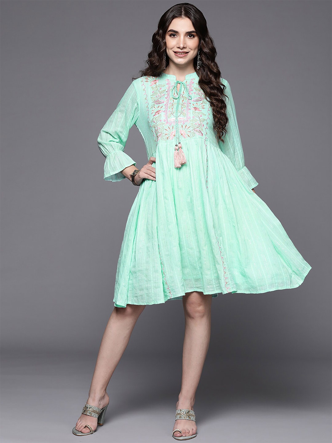 

Indo Era White Floral Embroidered Bell Sleeves Gathered Cotton Fit & Flare Dress, Blue