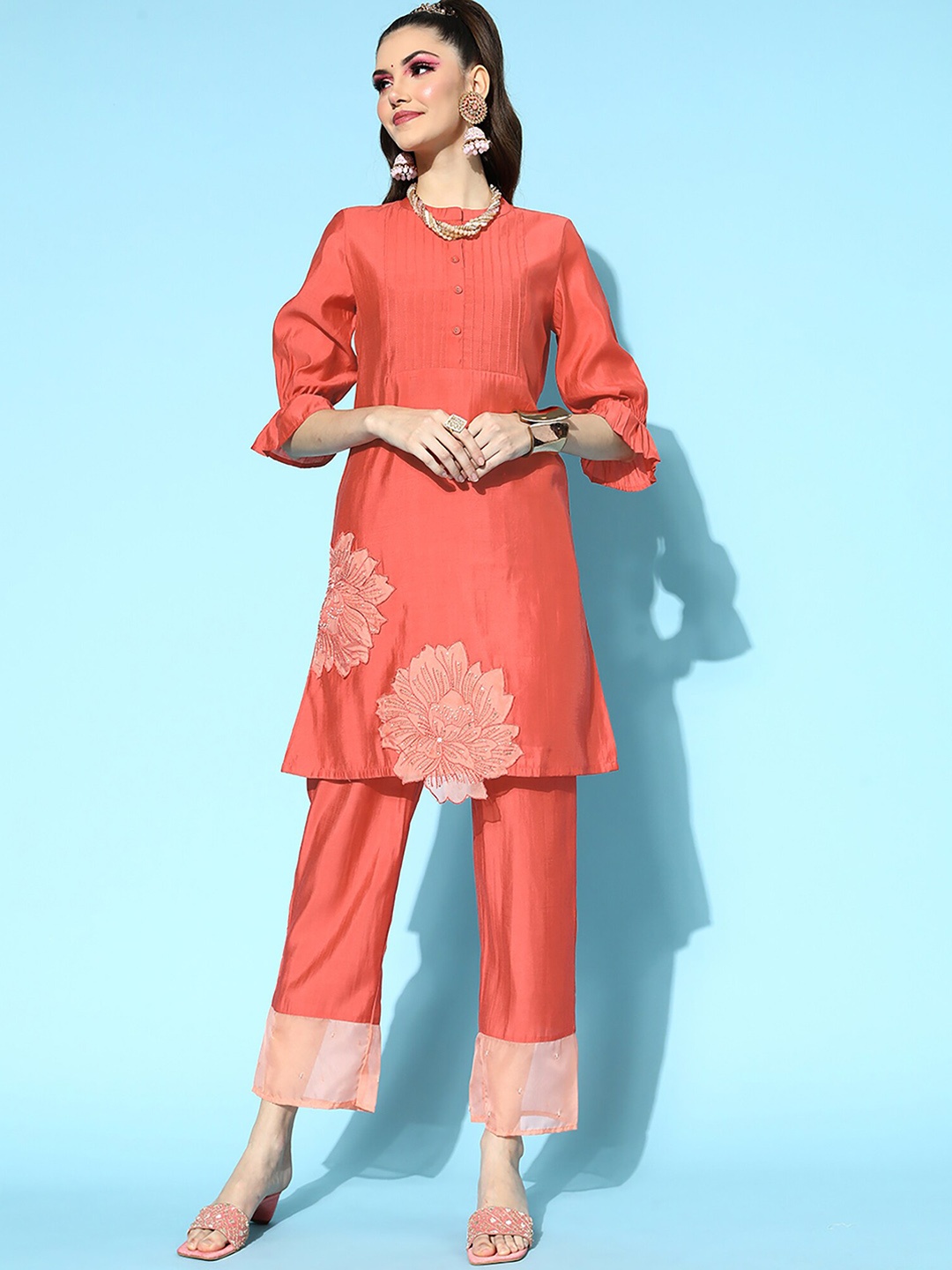 

Indo Era Floral Embroidered Regular Patchwork Chanderi Cotton Kurti with Trousers, Rust