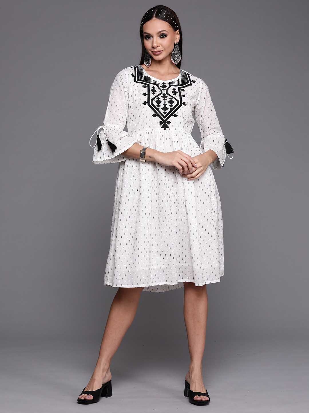 

Indo Era Embroidered Bell Sleeves Gathered Cotton A-Line Dress, White