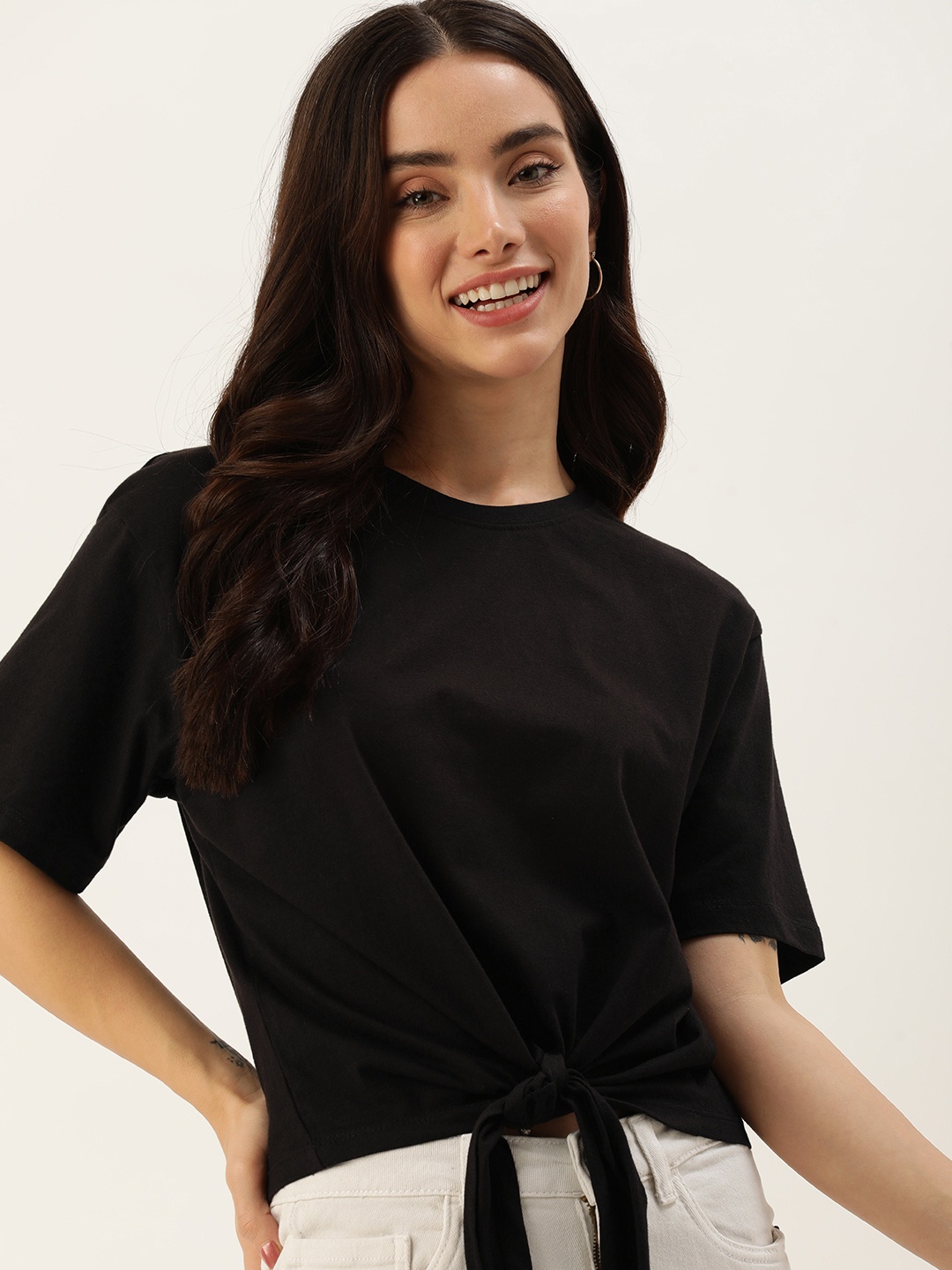 

Mast & Harbour Women Black Pure Cotton T-shirt