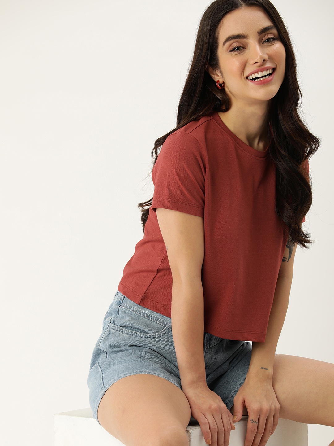 

Mast & Harbour Pure Cotton Round Neck Casual T-shirt, Rust