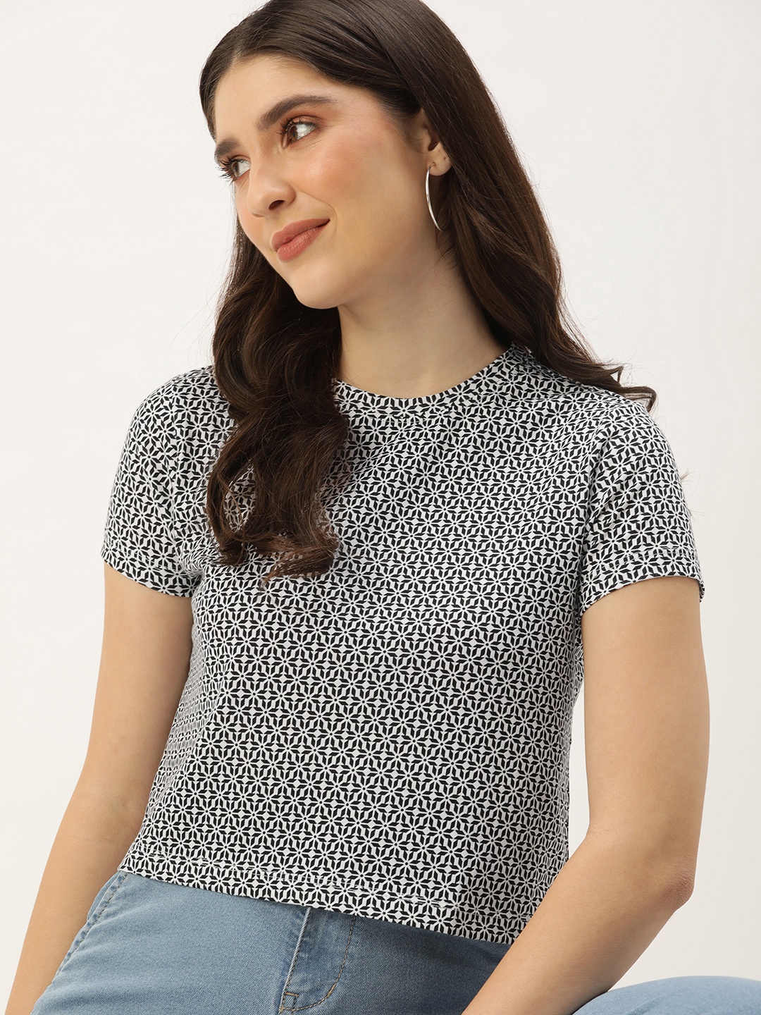 

Mast & Harbour Pure Cotton Geometric Printed Casual Crop T-shirt, Black