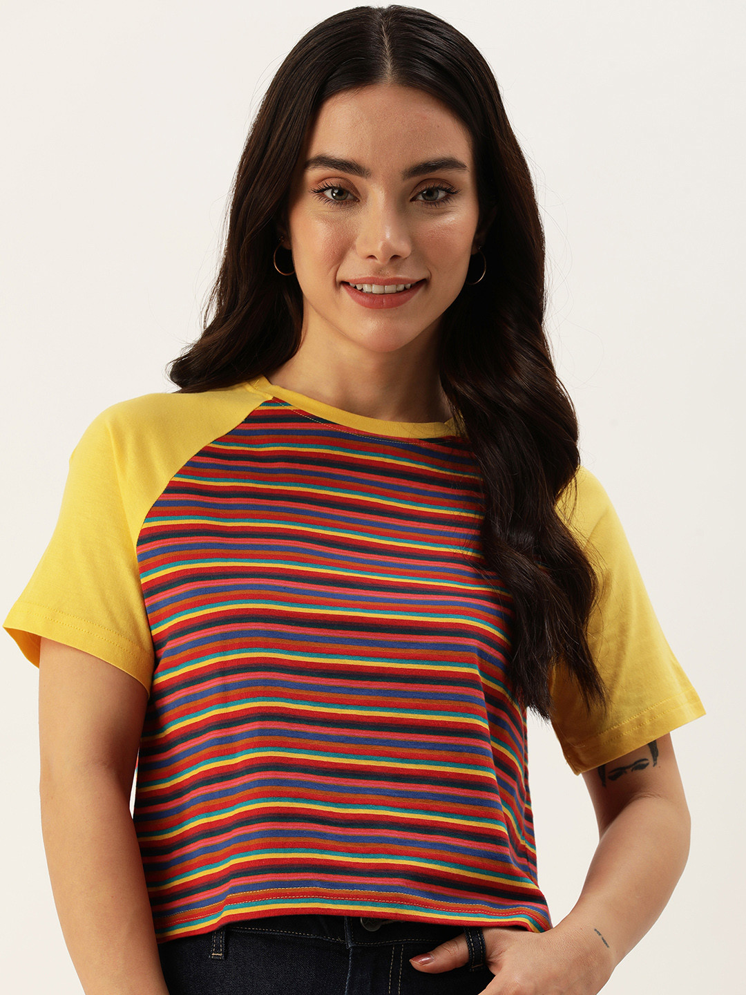

Mast & Harbour Striped Pure Cotton Raglan Sleeves Crop T-shirt, Multi