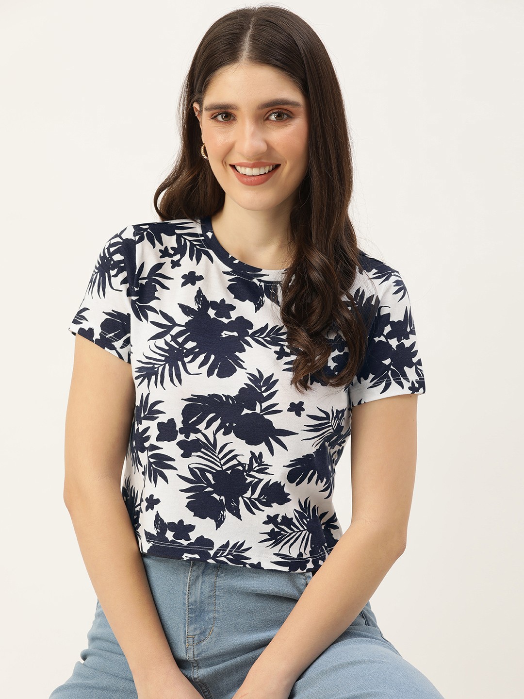 

Mast & Harbour Pure Cotton Floral Printed Casual Crop T-shirt, Navy blue