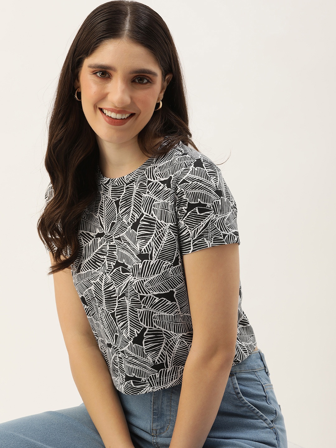 

Mast & Harbour Pure Cotton Floral Printed Casual Crop T-shirt, Black