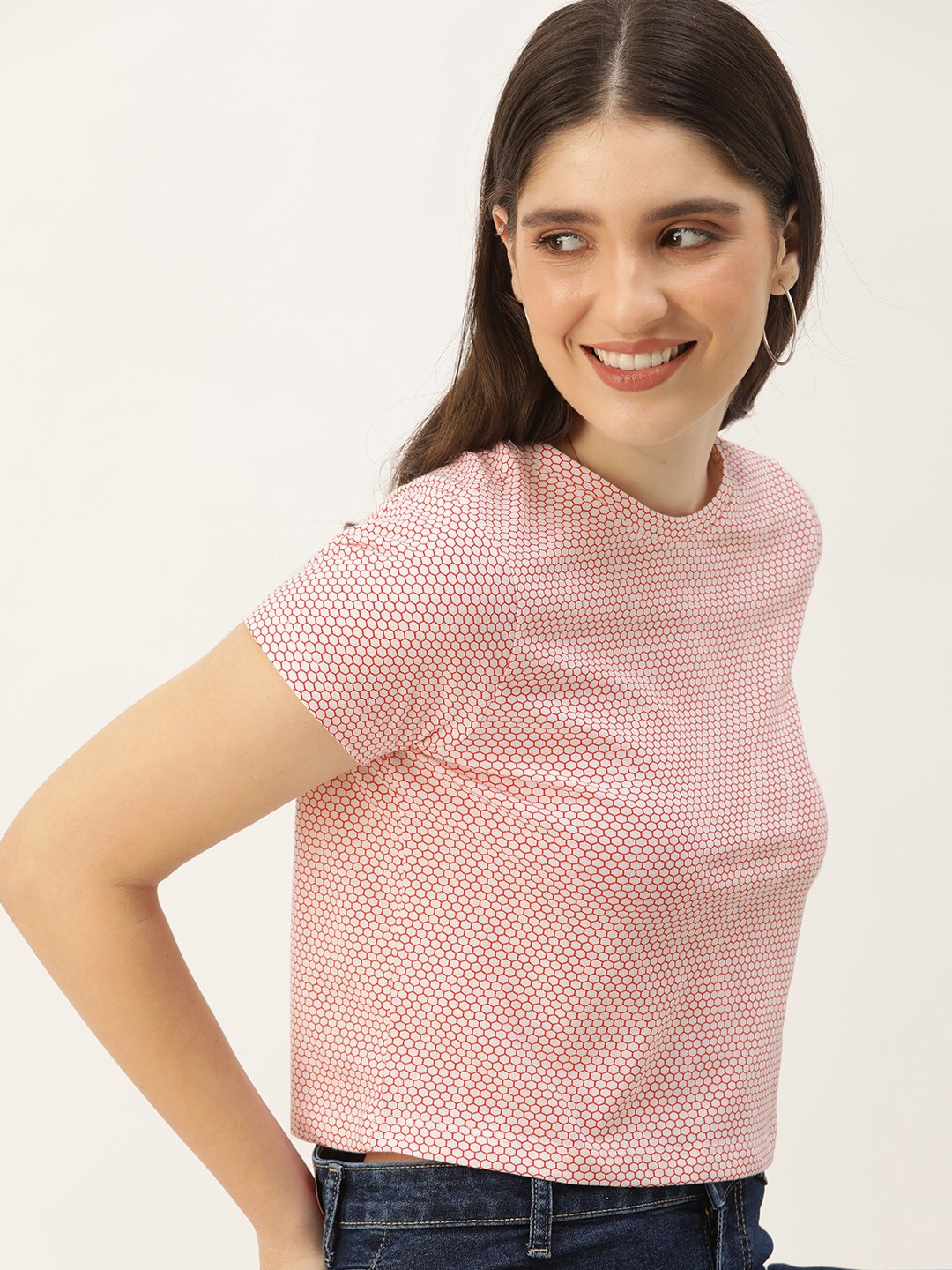 

Mast & Harbour Pure Cotton Geometric Printed Casual Crop T-shirt, White