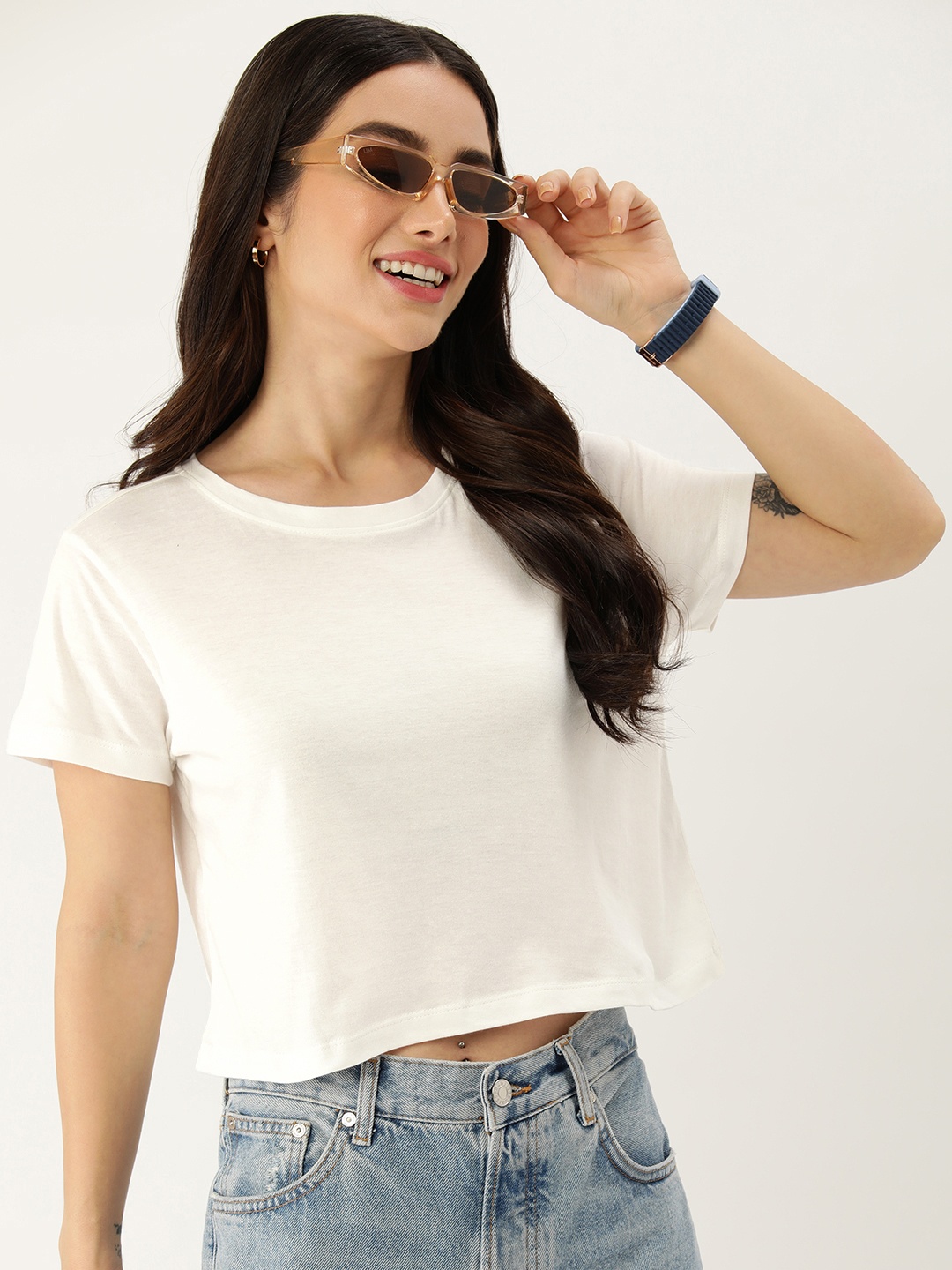 

Mast & Harbour Pure Cotton Round Neck Casual Crop T-shirt, White