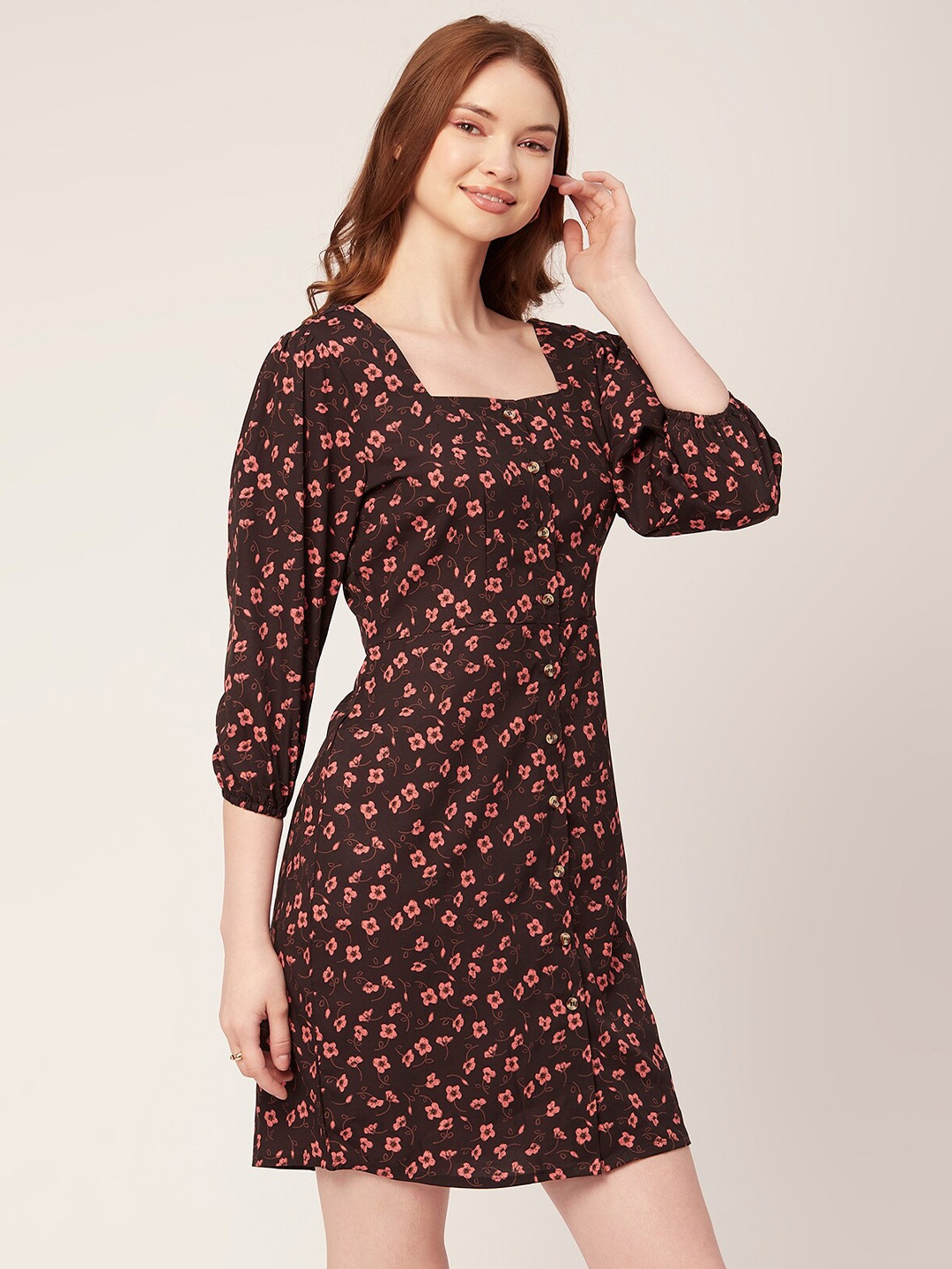 

Moomaya Black Floral Print Puff Sleeve Crepe Fit & Flare Dress