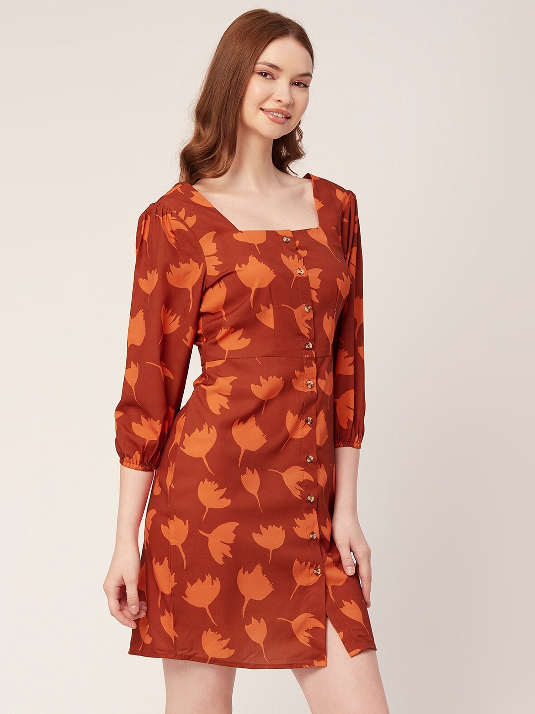 

Moomaya Conversational Printed Puff Sleeve Crepe A-Line Dress, Orange