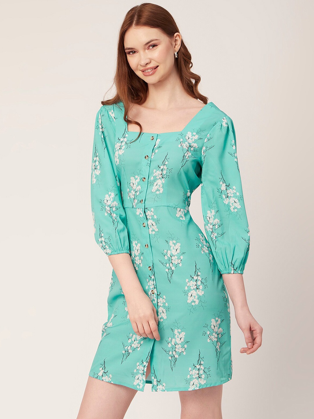 

Moomaya Floral Printed Square Neck Puff Sleeve Crepe A-Line Dress, Blue