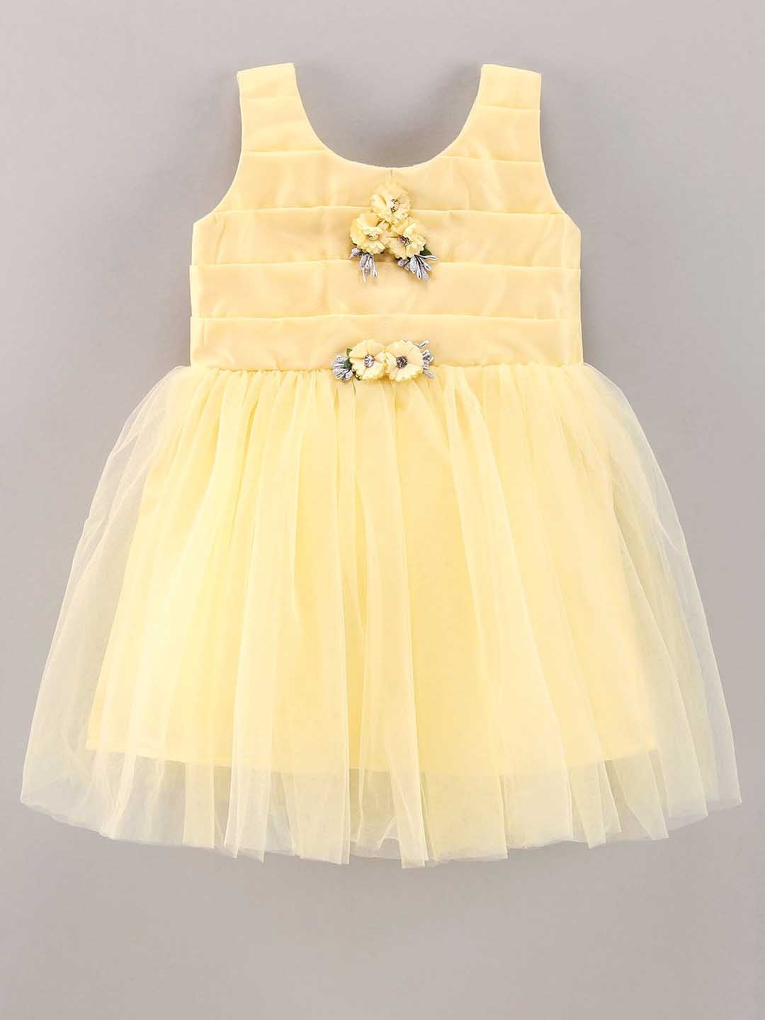 

Enfance Infants Girls Round Neck Sleeveless Net Fit & Flare Dress, Yellow