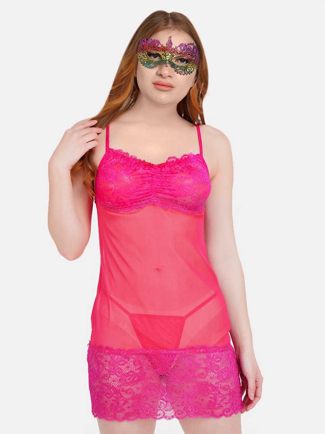 

COLOR STYLE Self Design Laced Baby Doll With Mask, Pink
