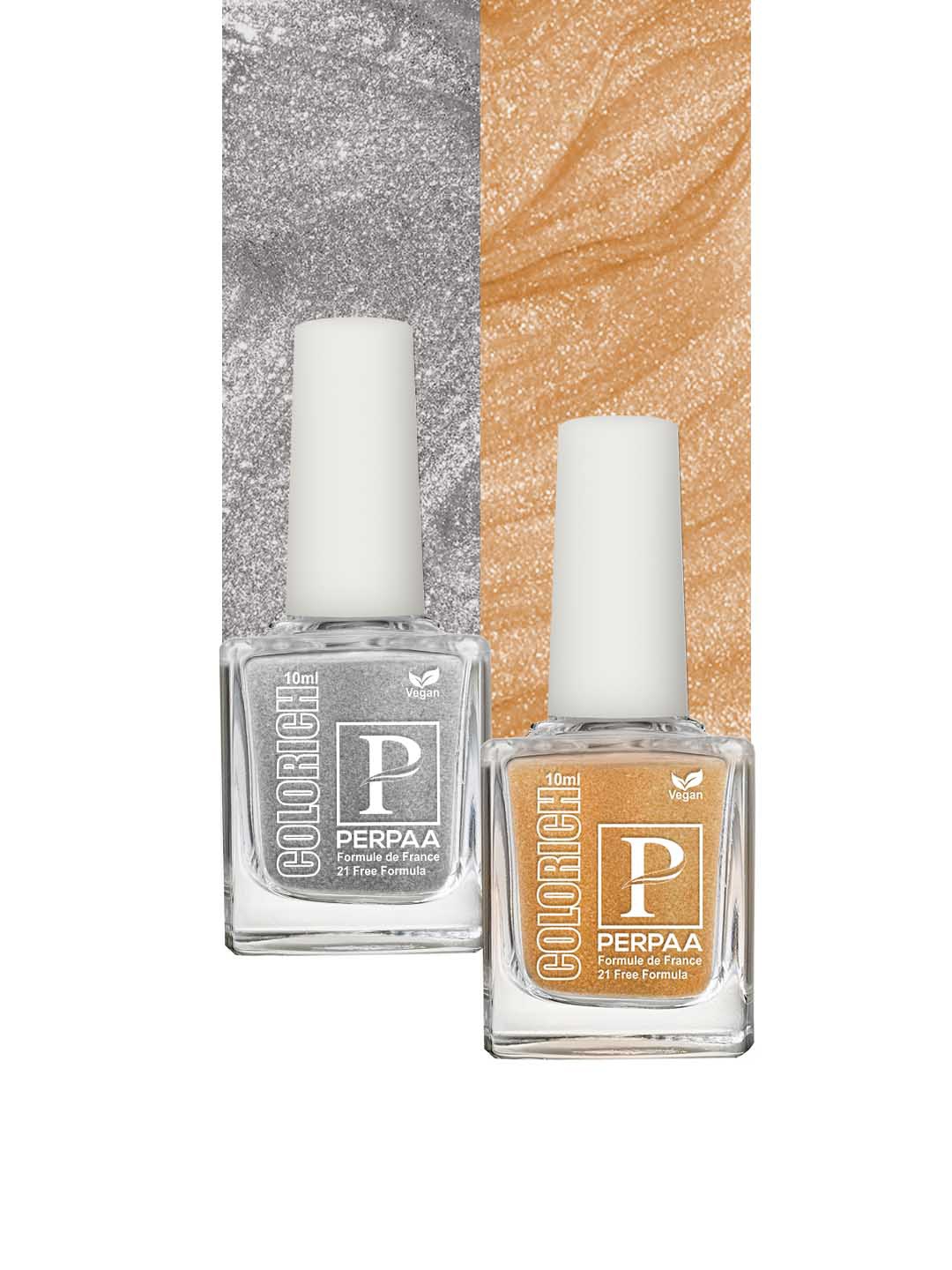 

PERPAA Set of 2 Colorich Vegan Nail Polish 10ml Each - Texture Silver 09 & Golden Bliss 10