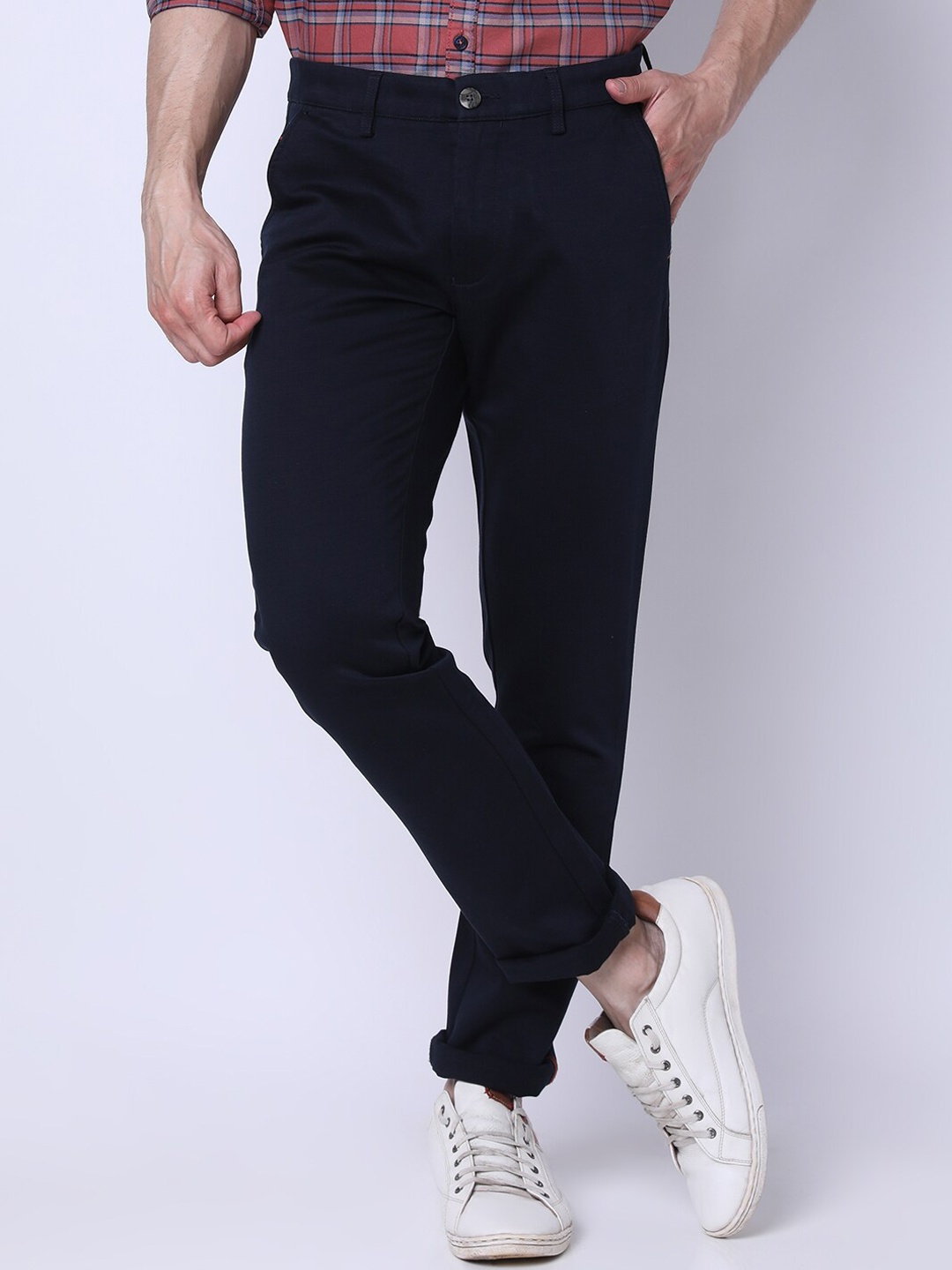 

J Hampstead Men Mid-Rise Slim Fit Cotton Chinos Trousers, Navy blue
