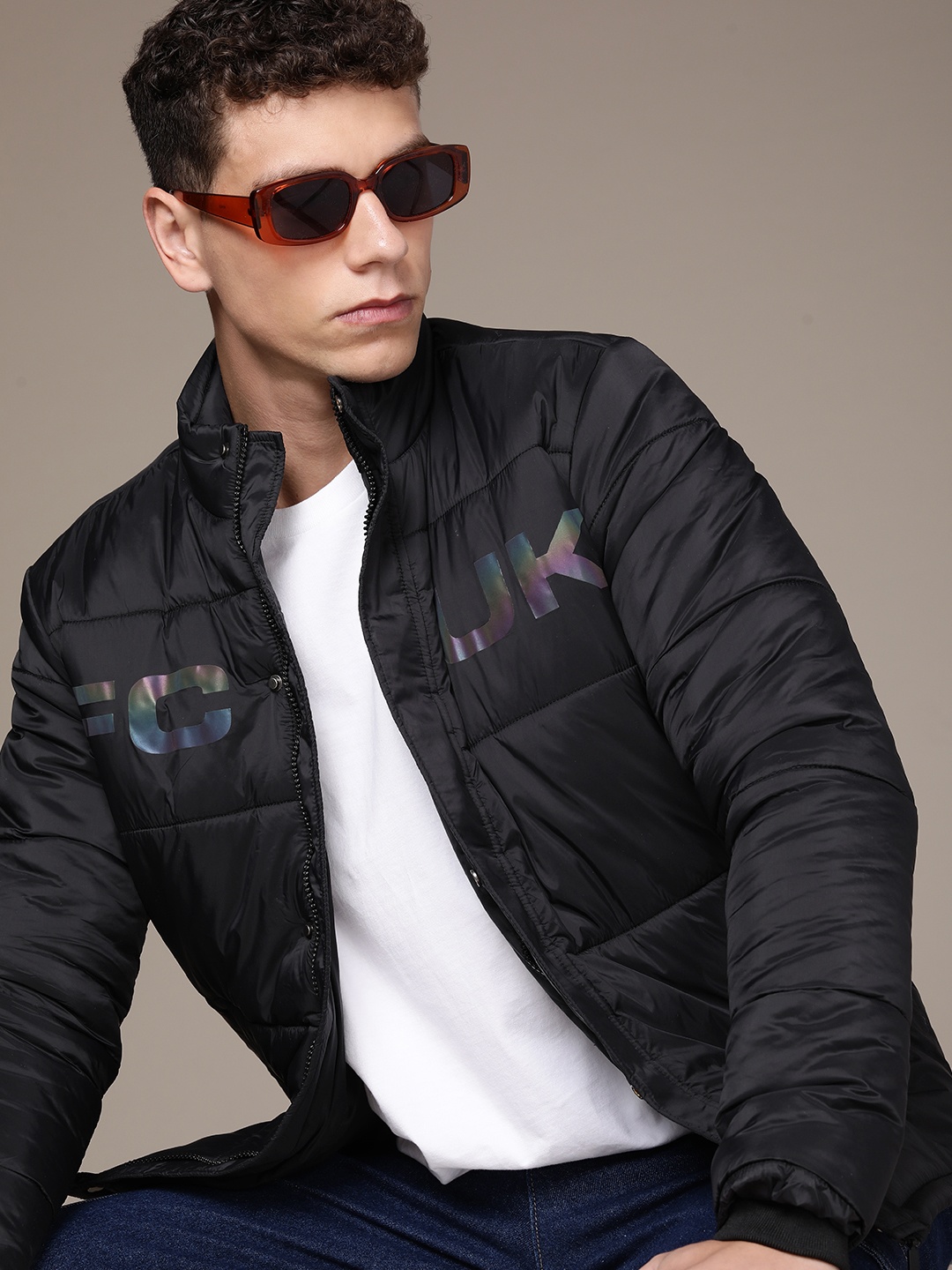 

FCUK Men Brand Logo Puffer Jacket, Black