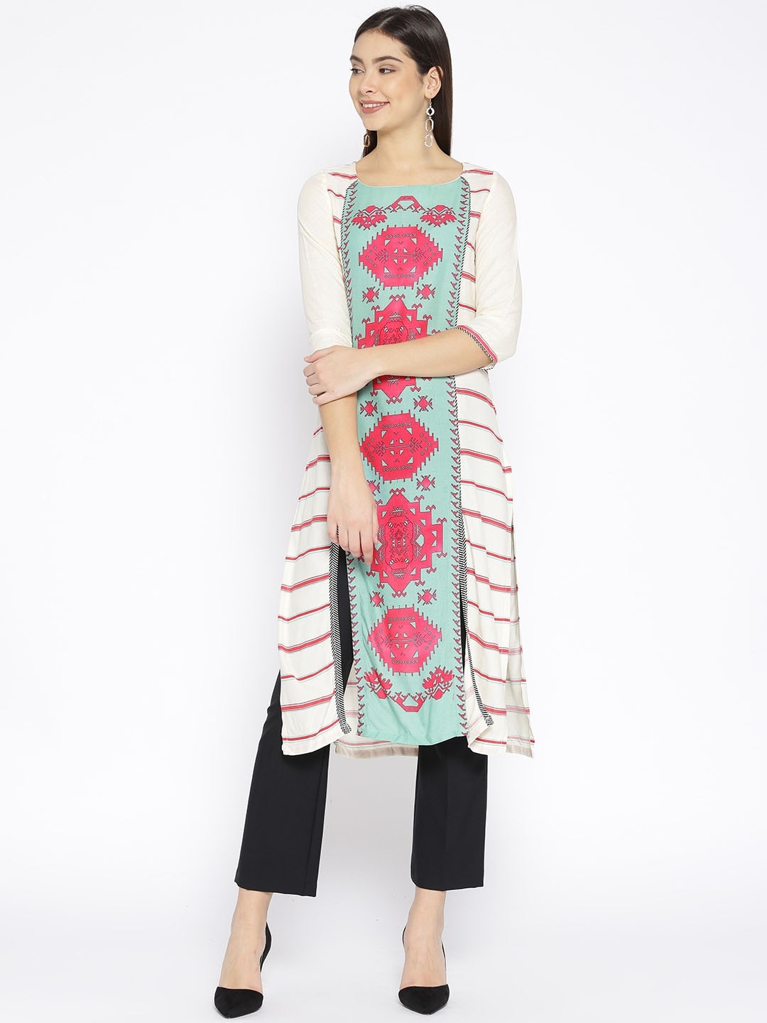 

W Women Off-White & Coral Pink Printed Straight Kurta